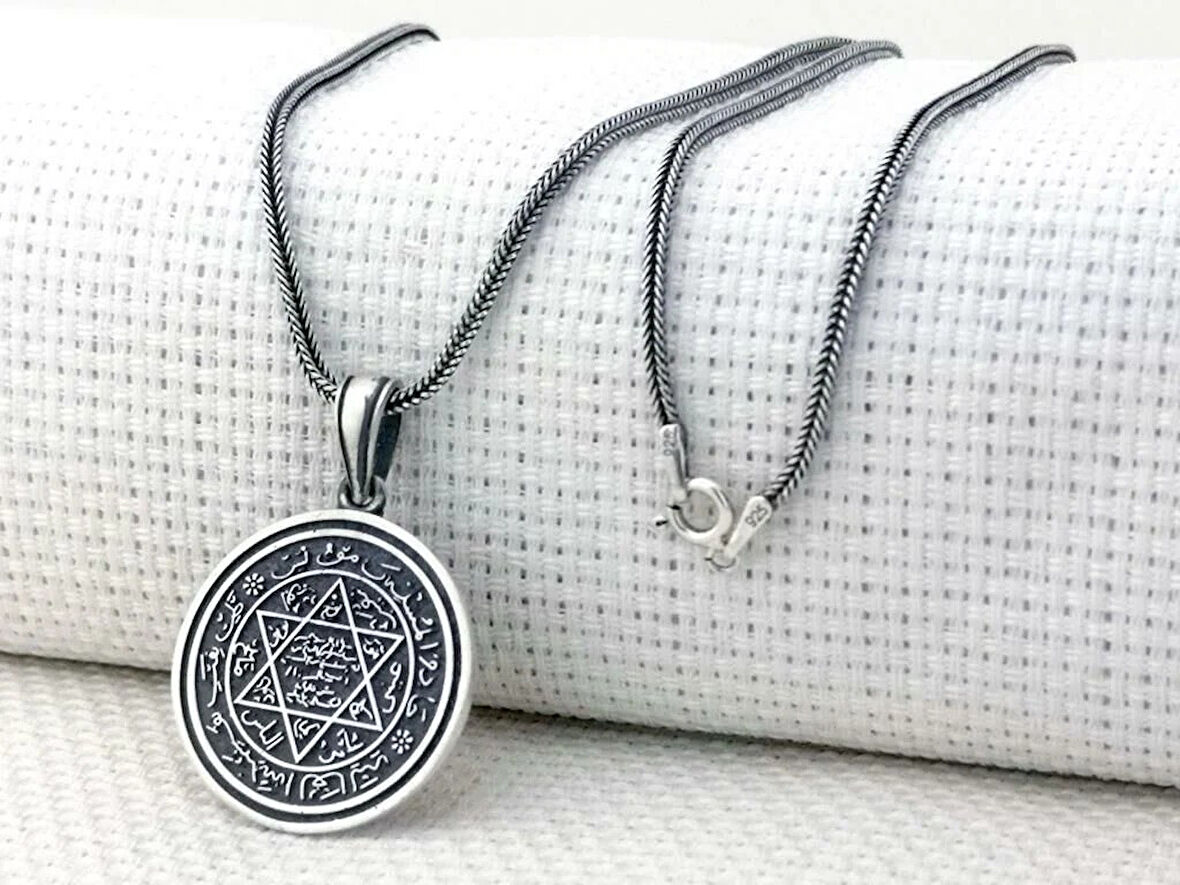 Hz Süleyman Mührü Yuvarlak 925 Ayar Gümüş Erkek Kolye