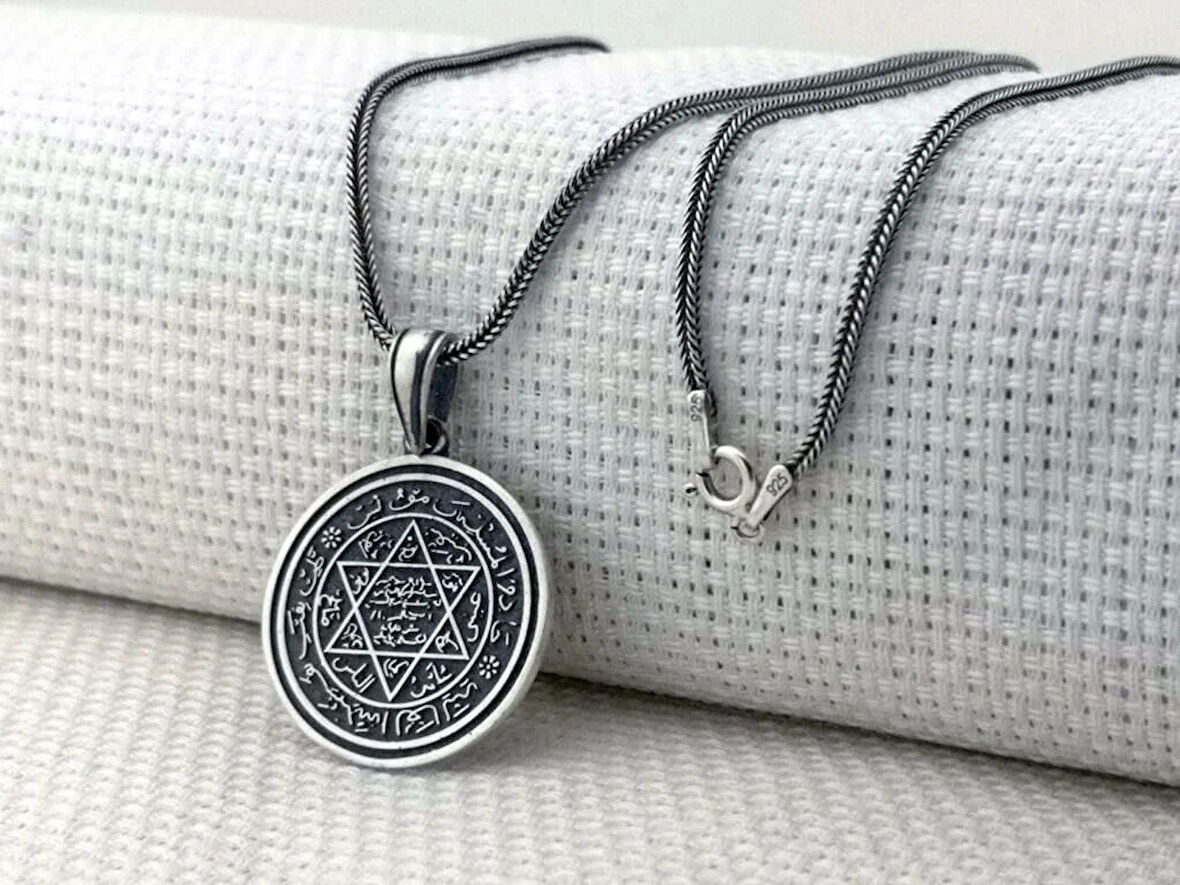 Hz Süleyman Mührü Yuvarlak 925 Ayar Gümüş Erkek Kolye