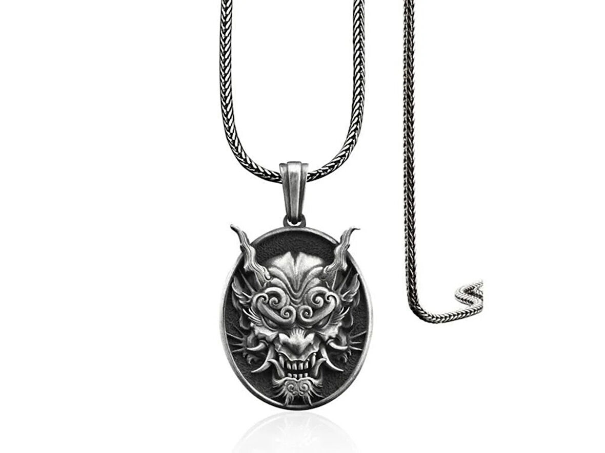 Japon Oni Maskesi Tasarımlı Üç Boyutlu 925 Ayar GümüşErkek Kolyesi
