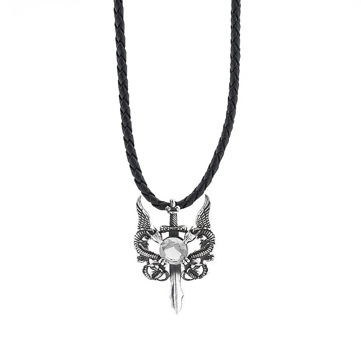 Ejderha Tsarımlı Deri İpli 925 Ayar Gümüş Erkek Kolye