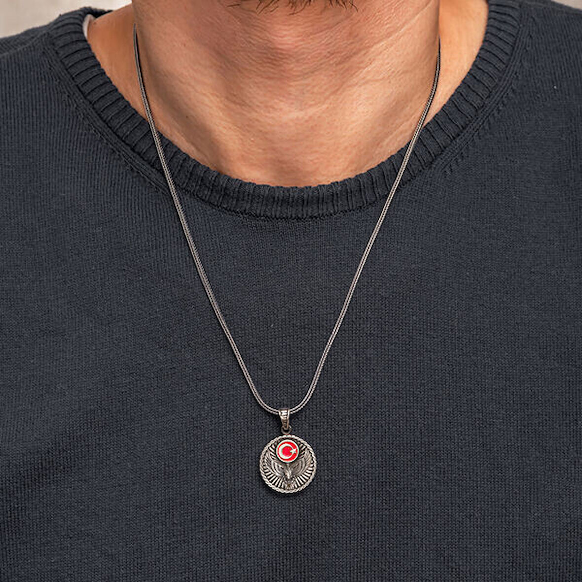 Kartal Ay Yıldız 925 Ayar Gümüş Erkek Kolye