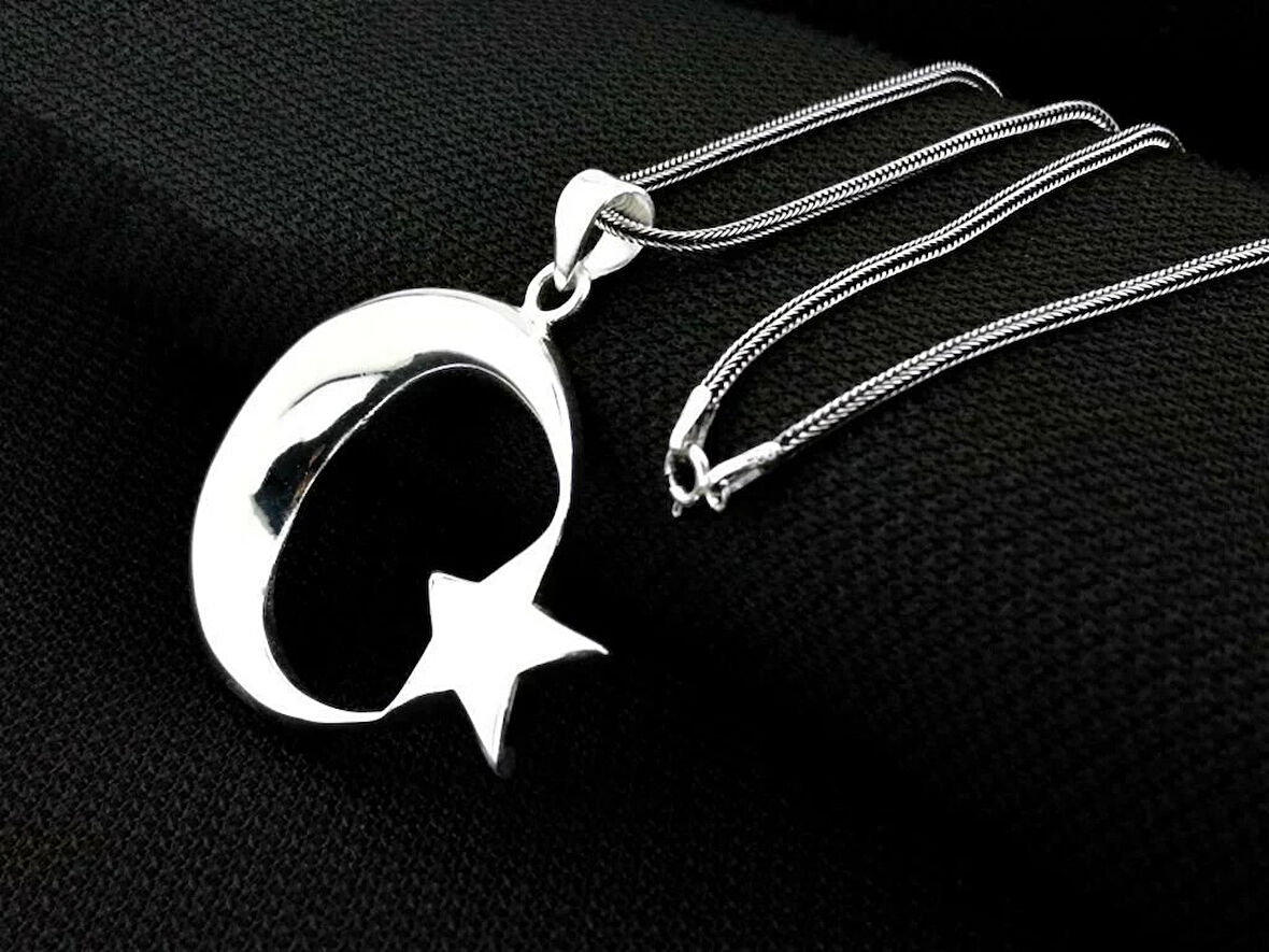 Ay Yıldız Büyük Boy 925 Ayar Gümüş Erkek Kolye