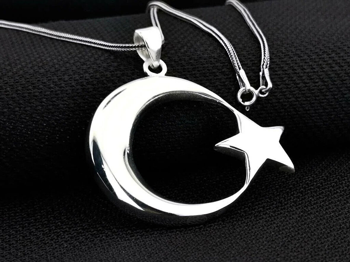 Ay Yıldız Büyük Boy 925 Ayar Gümüş Erkek Kolye