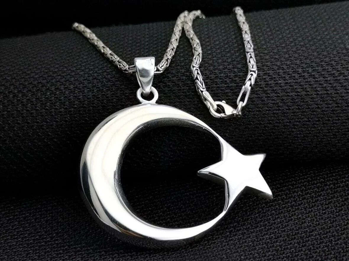 Ay Yıldız Büyük Boy Kral Zincirli 925 Ayar Gümüş Erkek Kolye