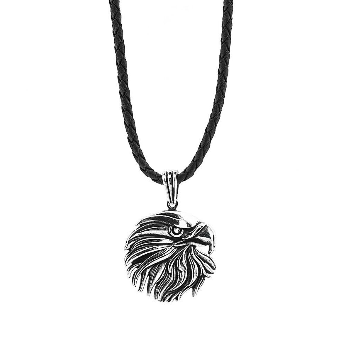 Kartal Tasarımlı Deri İpli  925 Ayar Gümüş Erkek Kolye