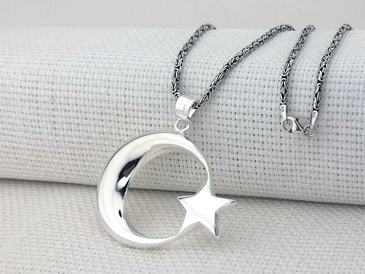 Ay Yıldız Büyük Boy Kral Zincirli 925 Ayar Gümüş Erkek Kolye