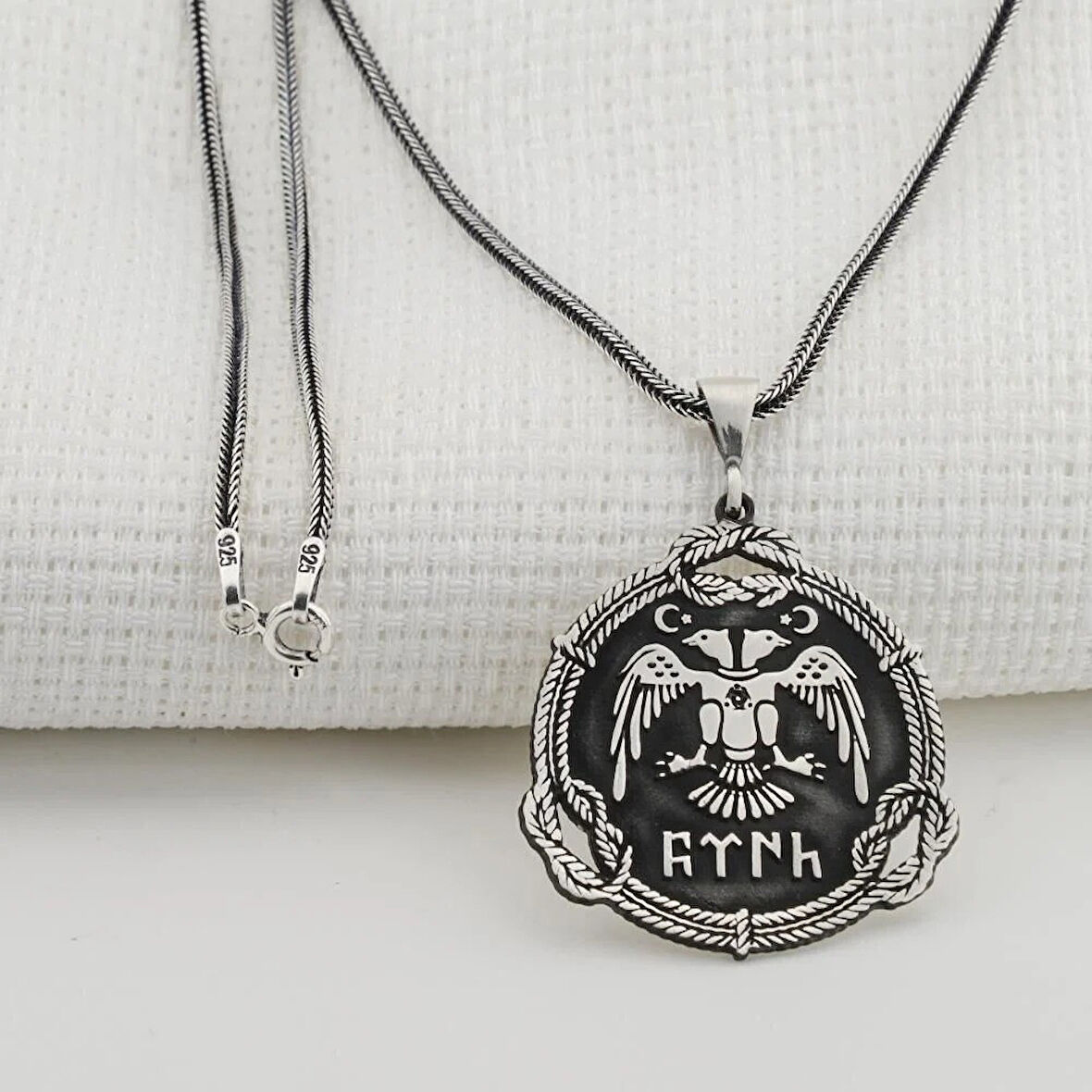 Çift Başlı Kartal  Türk Yazılı 925 Ayar Gümüş Erkek Kolye