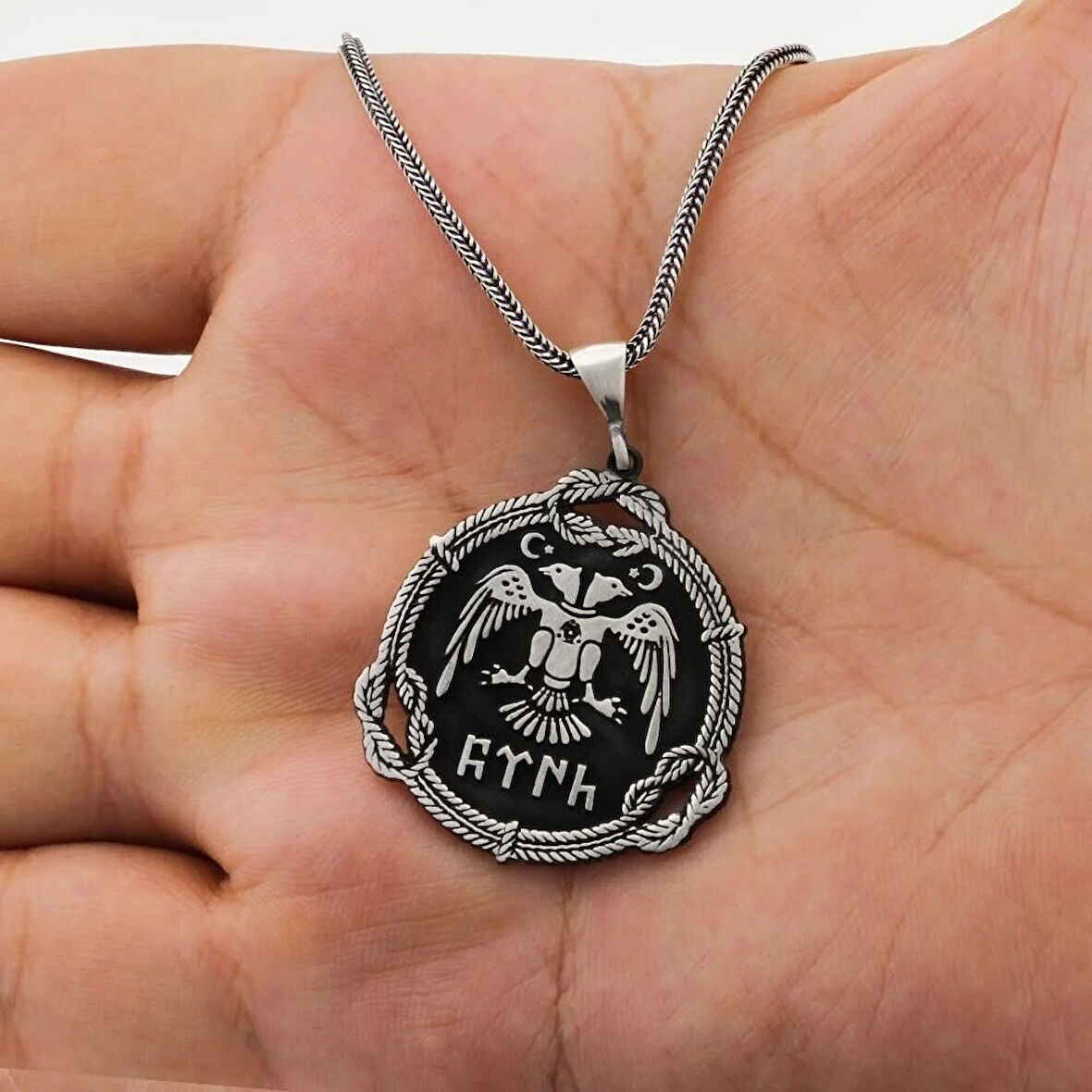 Çift Başlı Kartal  Türk Yazılı 925 Ayar Gümüş Erkek Kolye