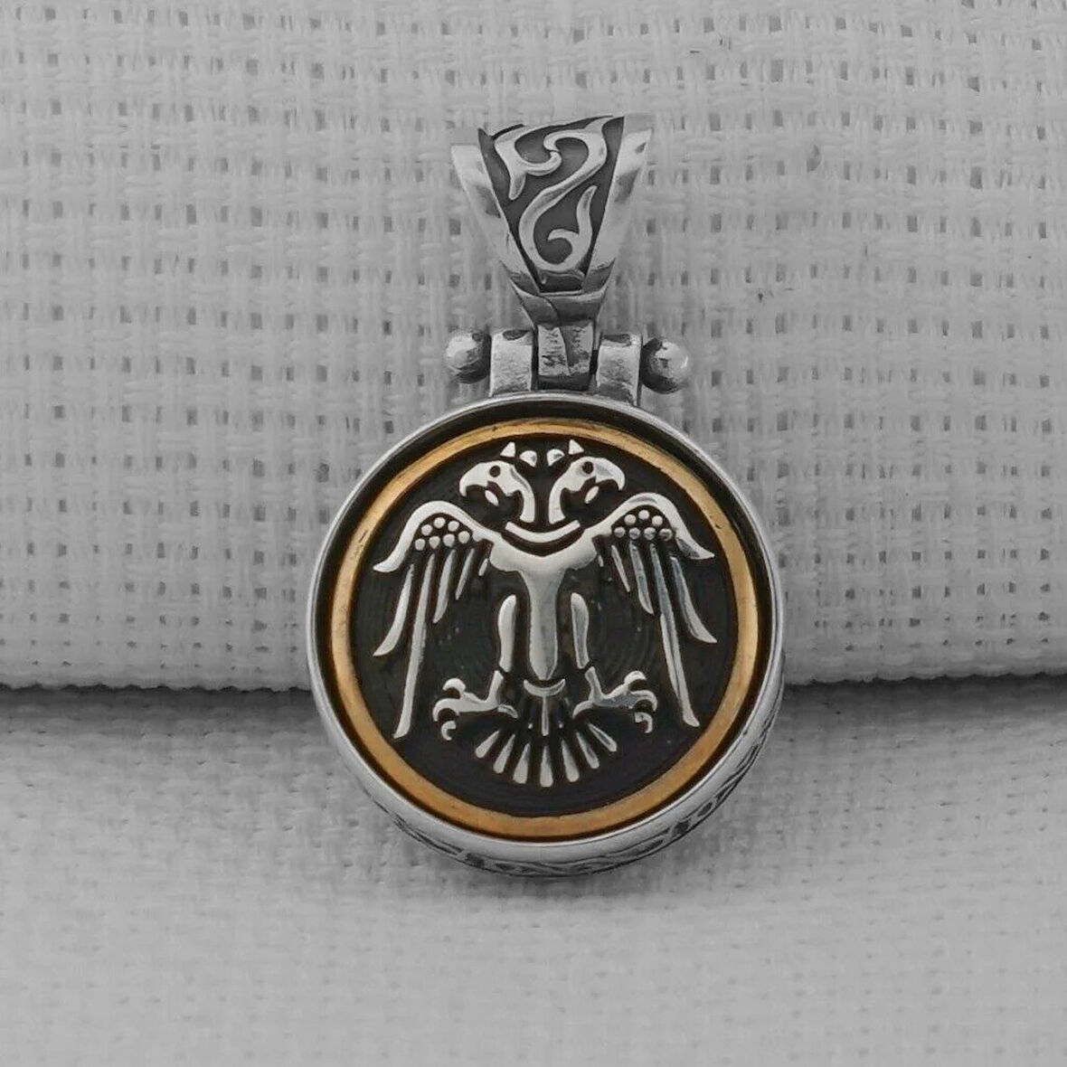 Çift Başlı Kartal  Karal Zincirli Ortası Dönen 925 Ayar Gümüş Erkek Kolye  Ucu