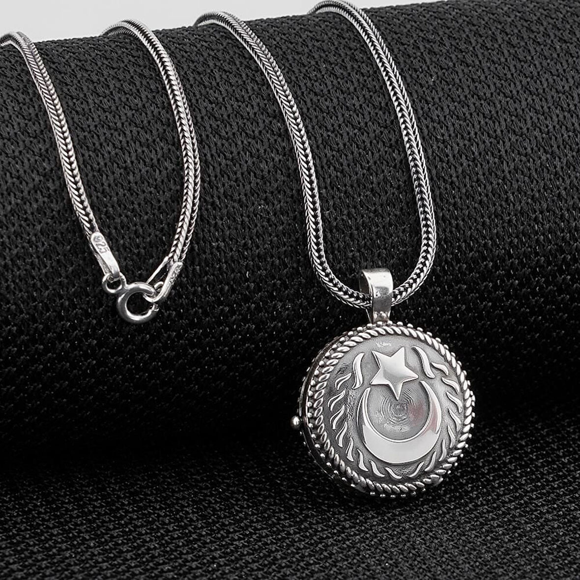 Ay Yıldız Çift Taraflı Açılabilir Cevşen 925 Ayar Gümüş Erkek Kolye