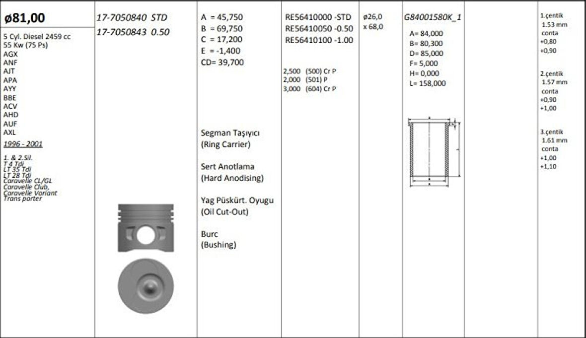 Vag Piston+segman (81,51mm 0,50 3 / 4 / 5 Pistonlar) Lt28 Lt35 Lt46 T4 2,5tdi Acv Agx Ahd Ahy Ajt Anj Ap - Kingpiston 17-7050853