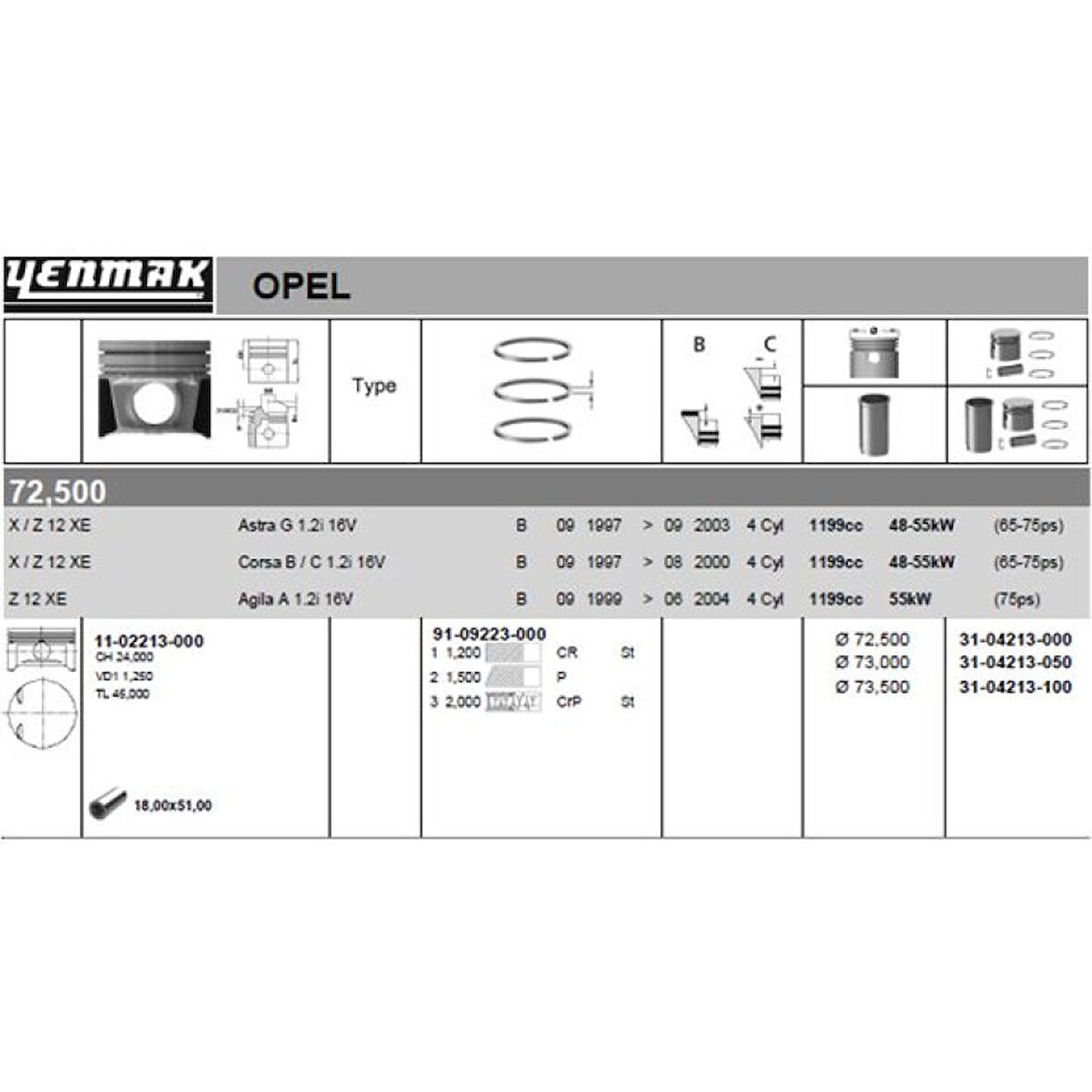 Opel Motor Piston+segman Komple (0,50) 73.00mm Corsa B X12xe Corsa C Astra G Agıla A Z12xe - Yenmak 31-04213-050