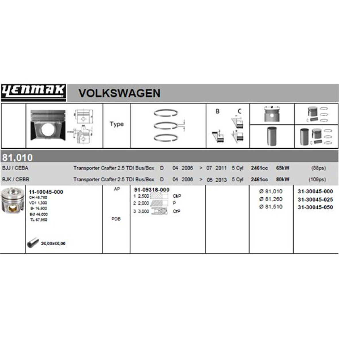 Vag Piston+segman (81,51mm 0,50 5 Silindir) Crafter 2,5tdi (136 / 163 Ps) Bjl Bjm Ceca Cecb 06> - Yenmak 31-30045-050