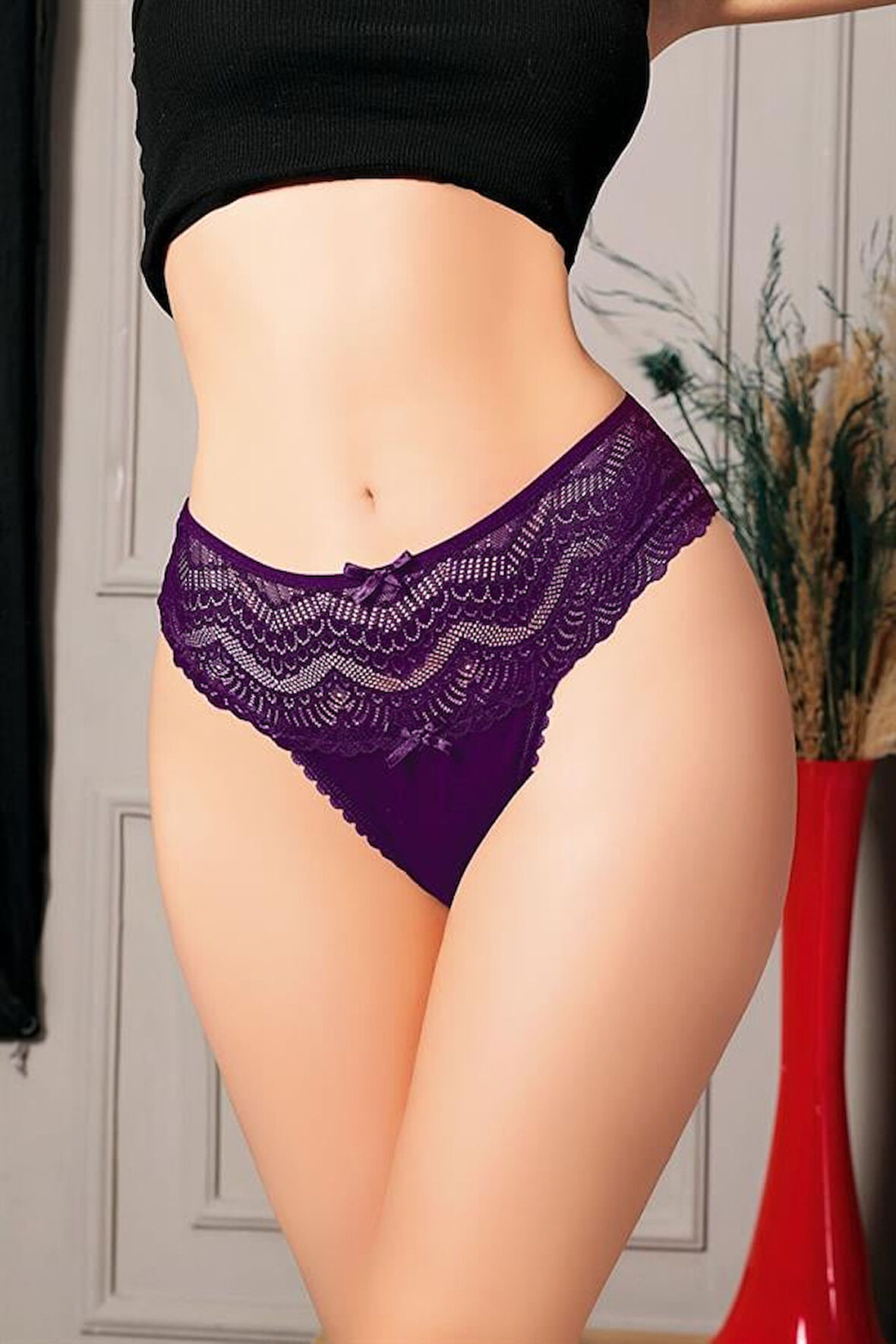 ÖZEL TASARIM  BÜYÜK BEDEN BEL KISMI DANTELLI FANTEZI MOR TANGA STRING