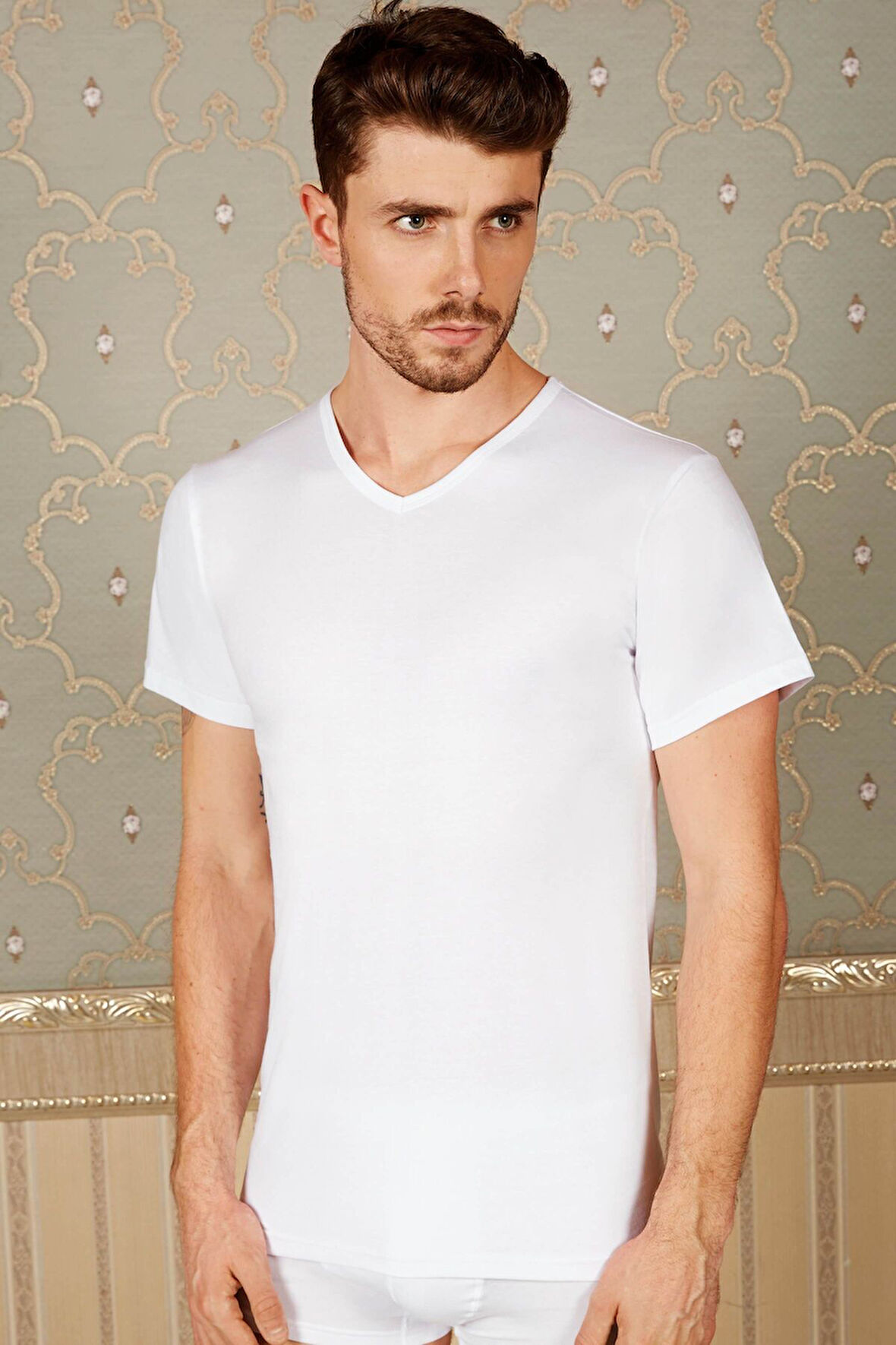 Erkek Pamuklu Kısa Kol V-Yaka Klasik Fanila T-Shirt (0316) MAN0316