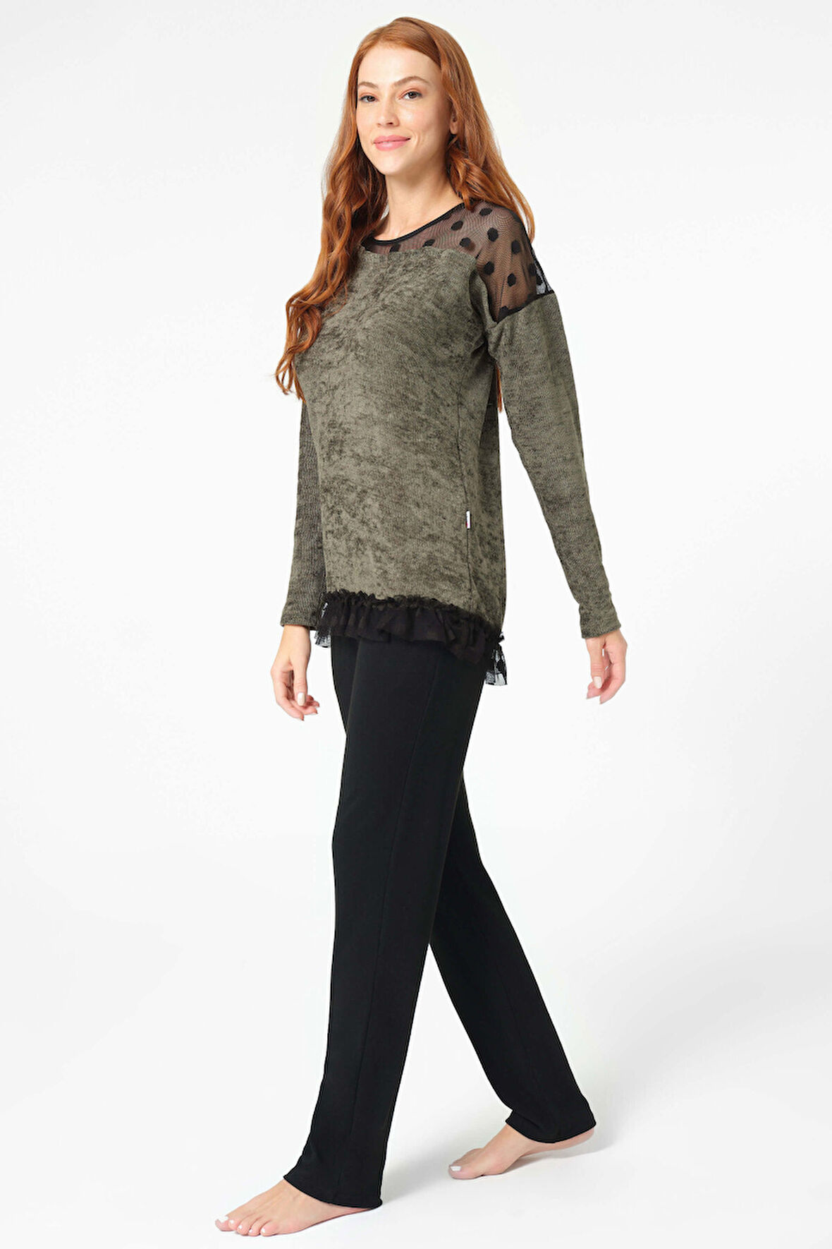 Anıl 9084 Uzun Kol Bisiklet Yaka Polyester Elastan düz Kışlık Örme Normal Bel Transparan Tül Detaylı Pijama Takımı MAN9084