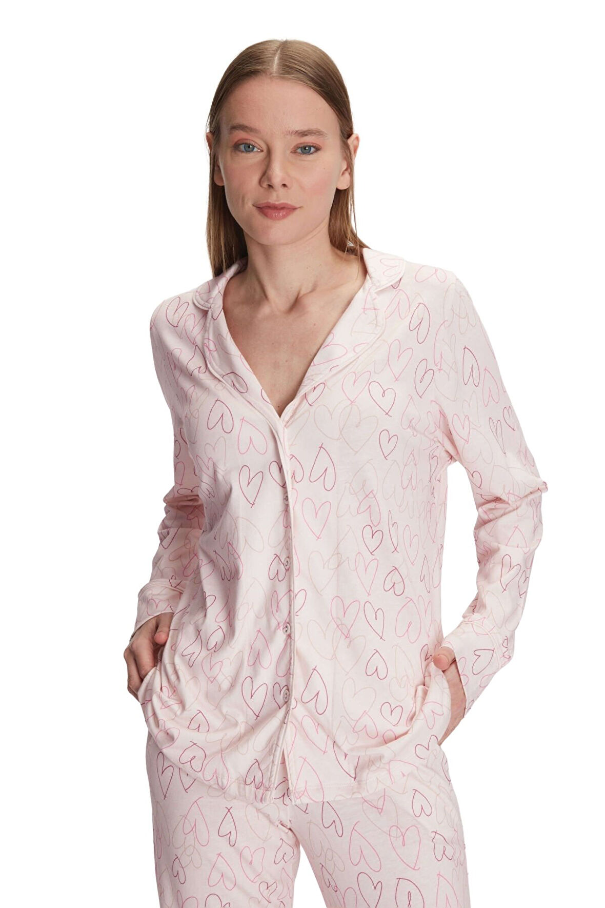 Anıl Kadın Pembe Boydan Düğmeli Pijama Takımı 11291 