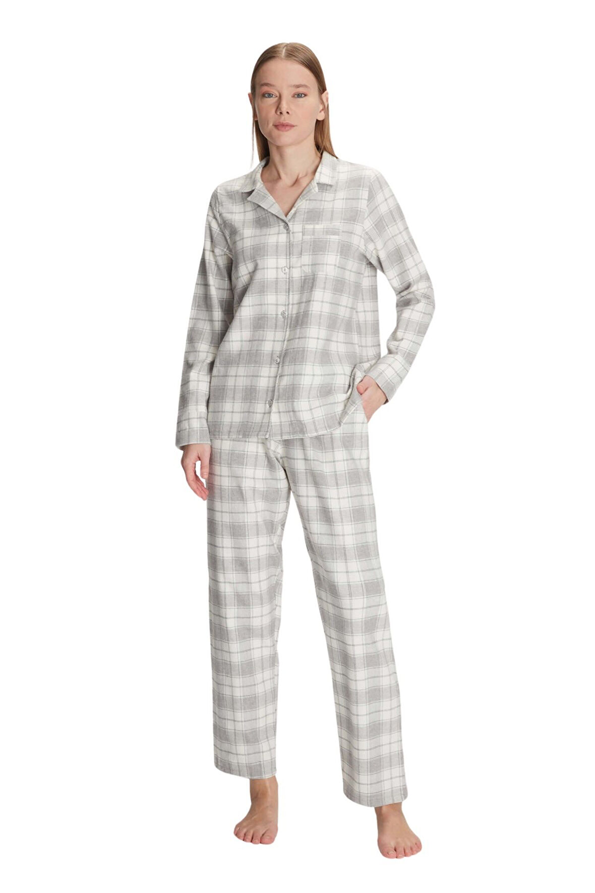 Anıl Kadın Gri Uzun Kol Boydan Düğmeli Pijama Takım 11252 