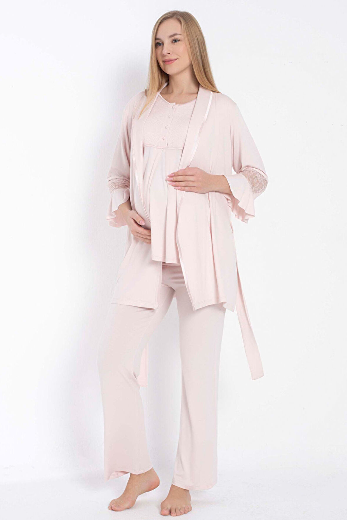 Anıl 11314 Kısa Kol Bisiklet Yaka Kadın Viskon Dantel Detaylı Hamile Pijama Takımı Sabahlık MAN11314