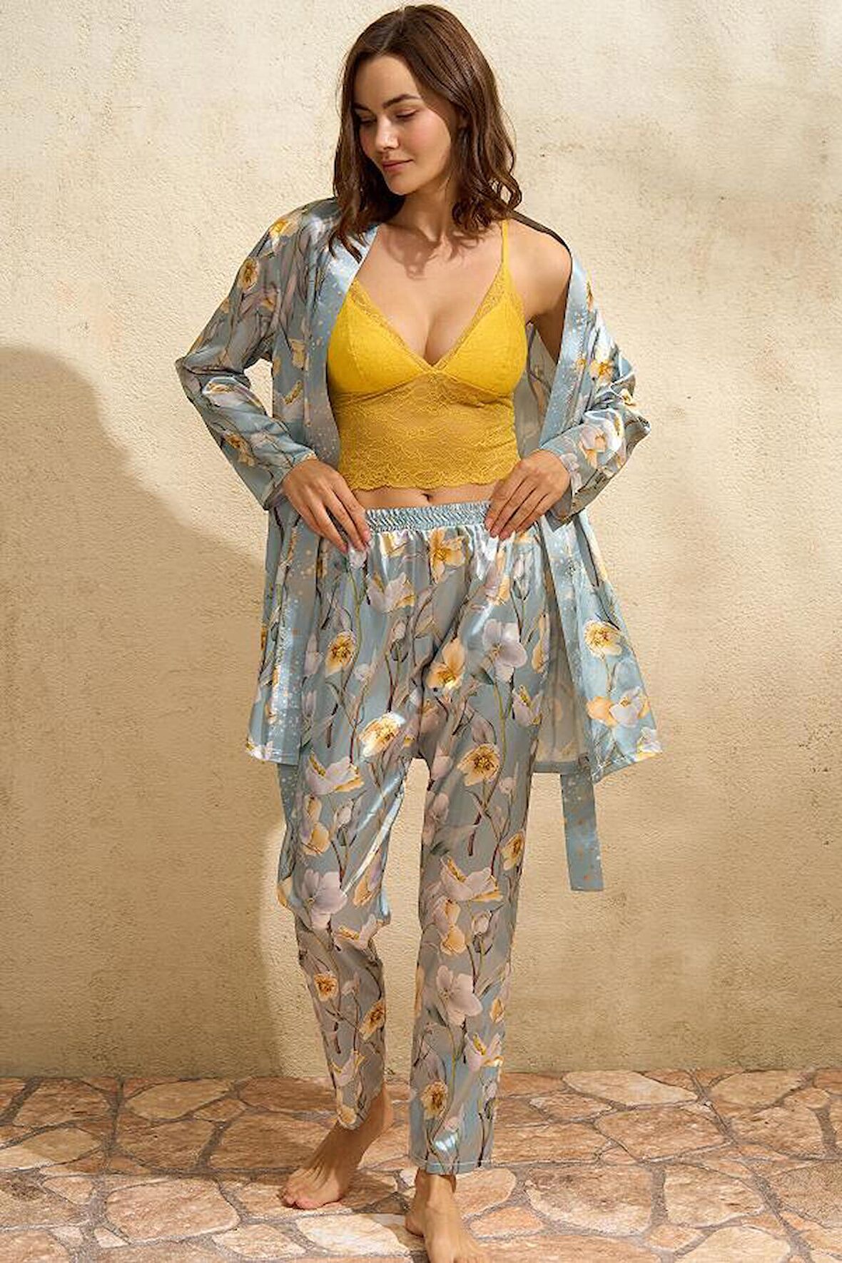 Anıl Bayan Saten Sabahlık, Bralet ve Pantolon Takım