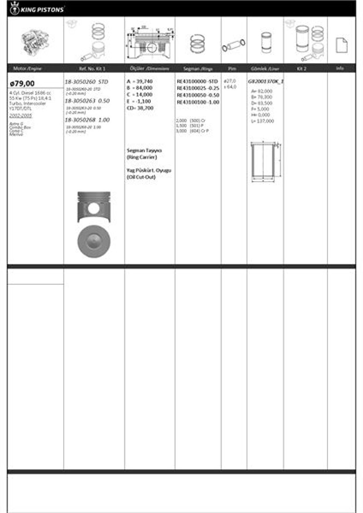 Opel Motor Piston+segmanı ( Riken )  79,00+stdmm Cap Astra G Combo Box Corsa C Meriva 0.20 MM Kisa-Y17dt/ - Kingpiston 18-3050260-20