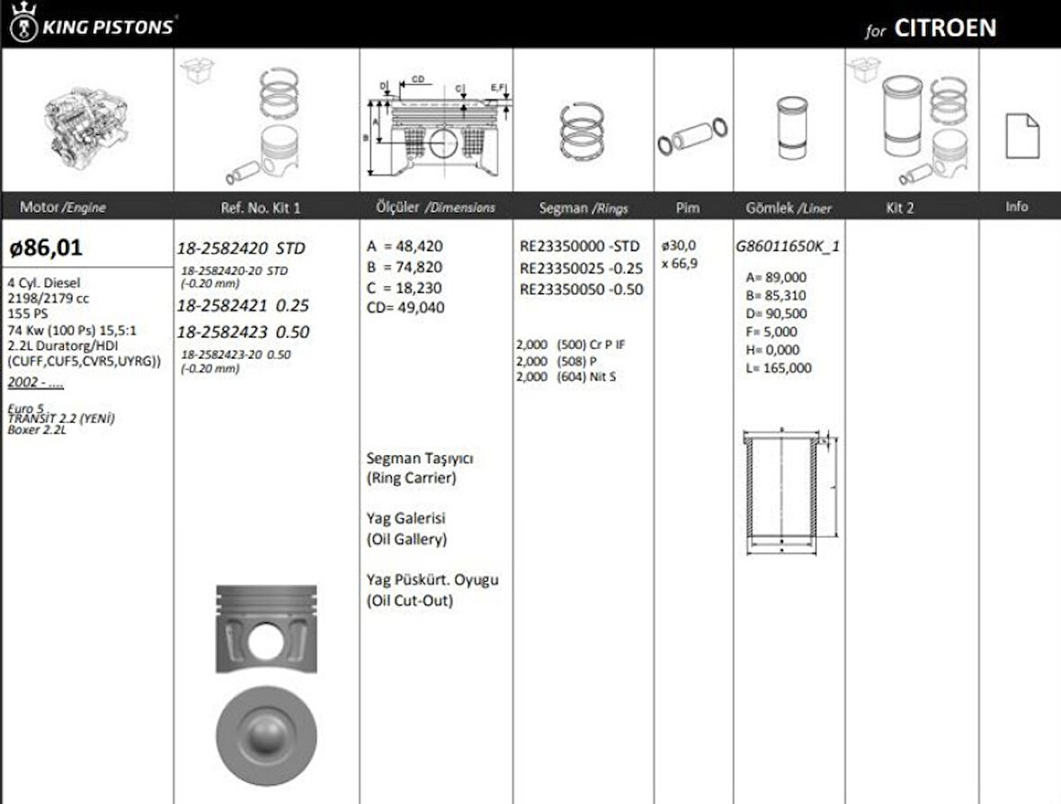 Ford Motor Piston+segman ( Std ) Transıt Euro5 2.2tdci V347 - V362 - V363 - Ranger 2.2 155ps Boxer - Jump - Kingpiston 18-7592950