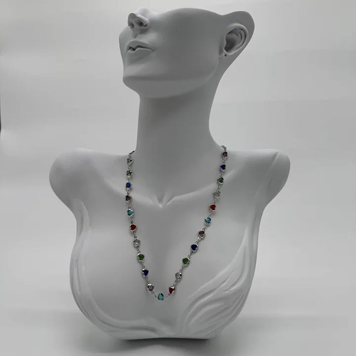 Çelik Silver Kalp Renkli Taş  Kolye - Silver