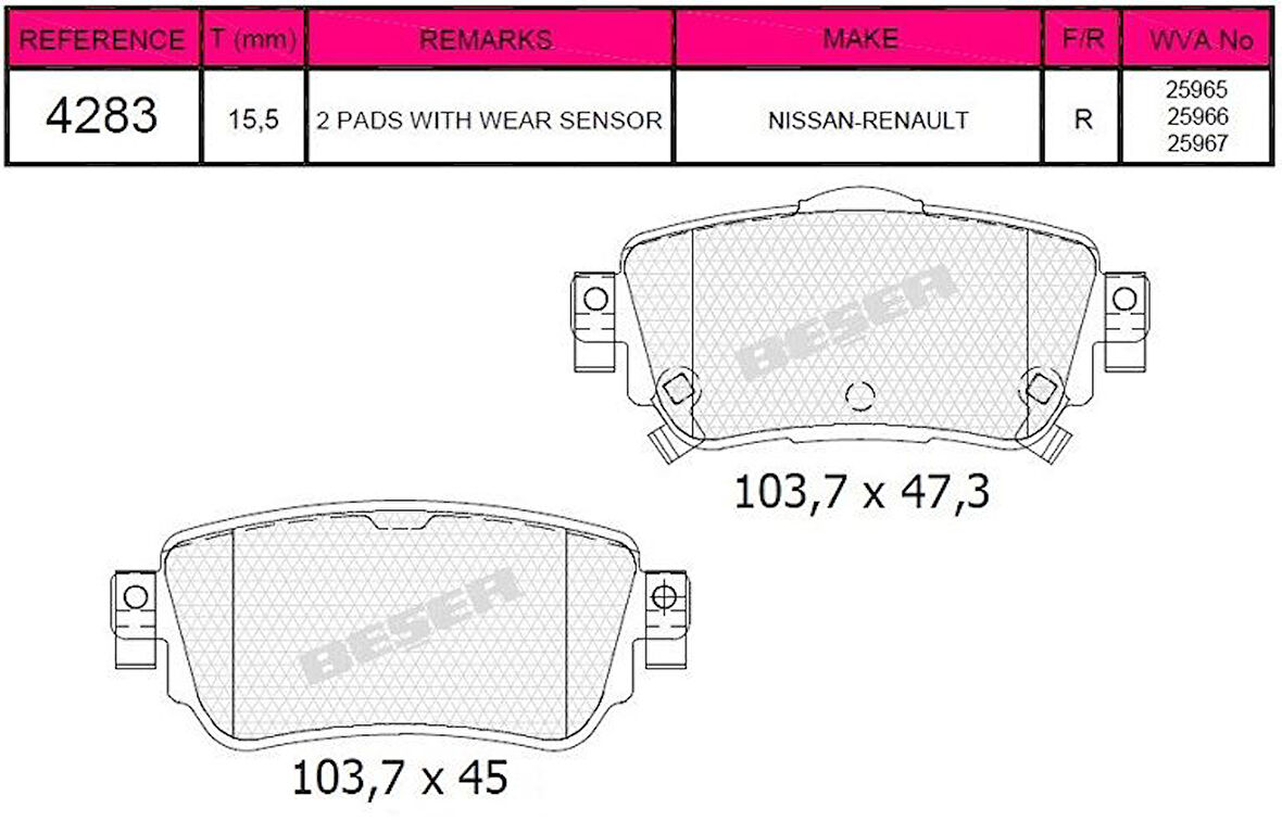 Nissan Arka Fren Balatası Qashqaı 2013> Renault Kadjar 2015> - Beser 4283