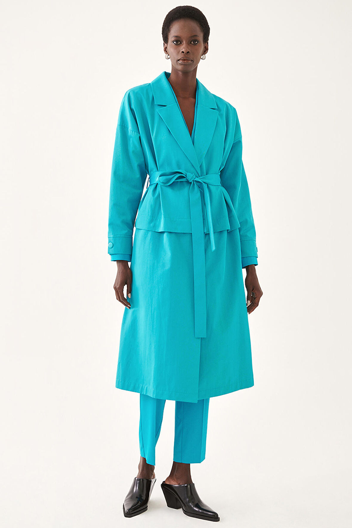 Adars Rahat Kalıp Erkek Yaka Midi Boy Turkuaz Renk Kadın Trench Mont