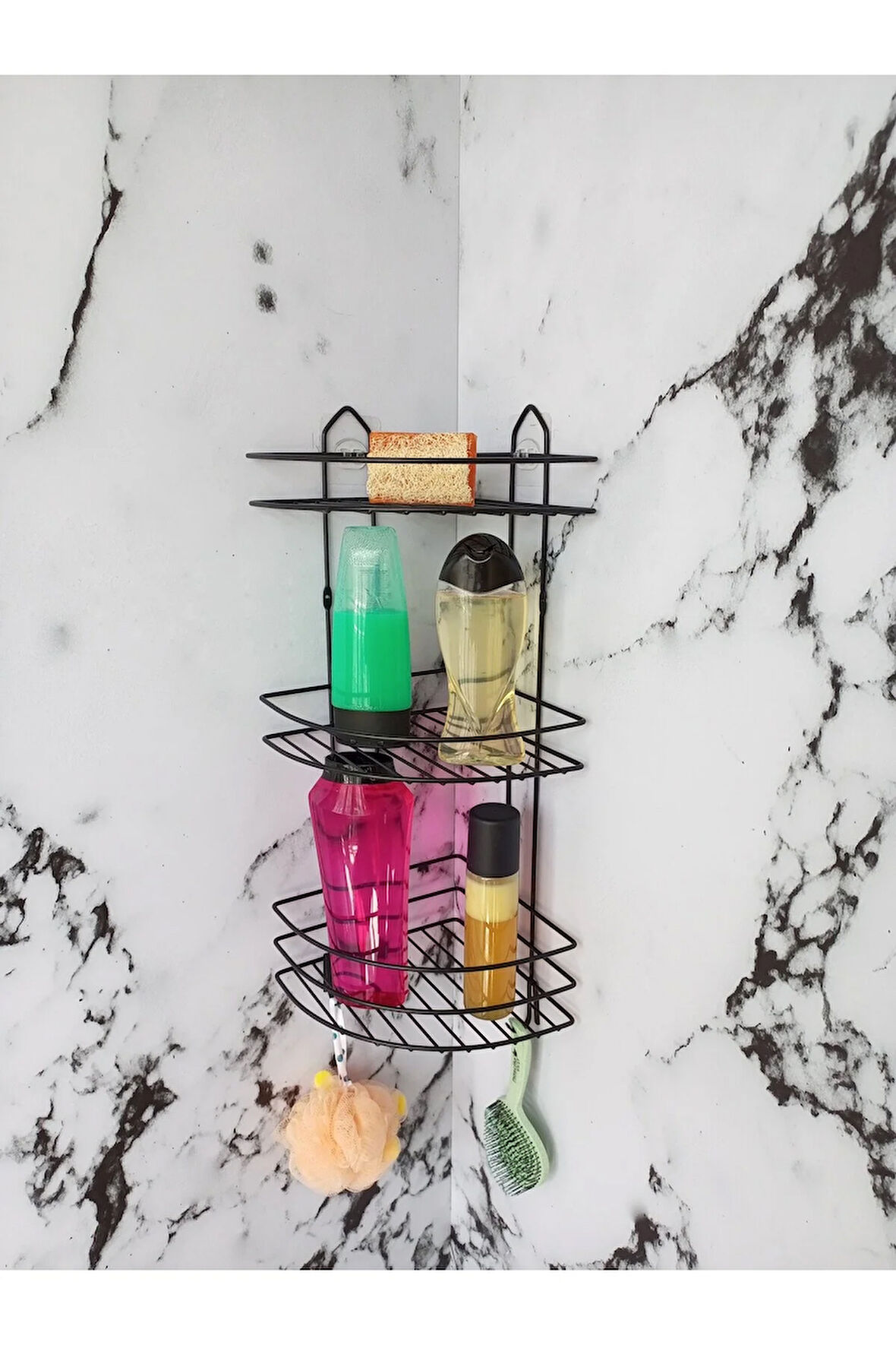 Yapışkanlı Kancalı Banyo Köşeliği Düzenleyici Şampuanlık Duş Rafı Siyah