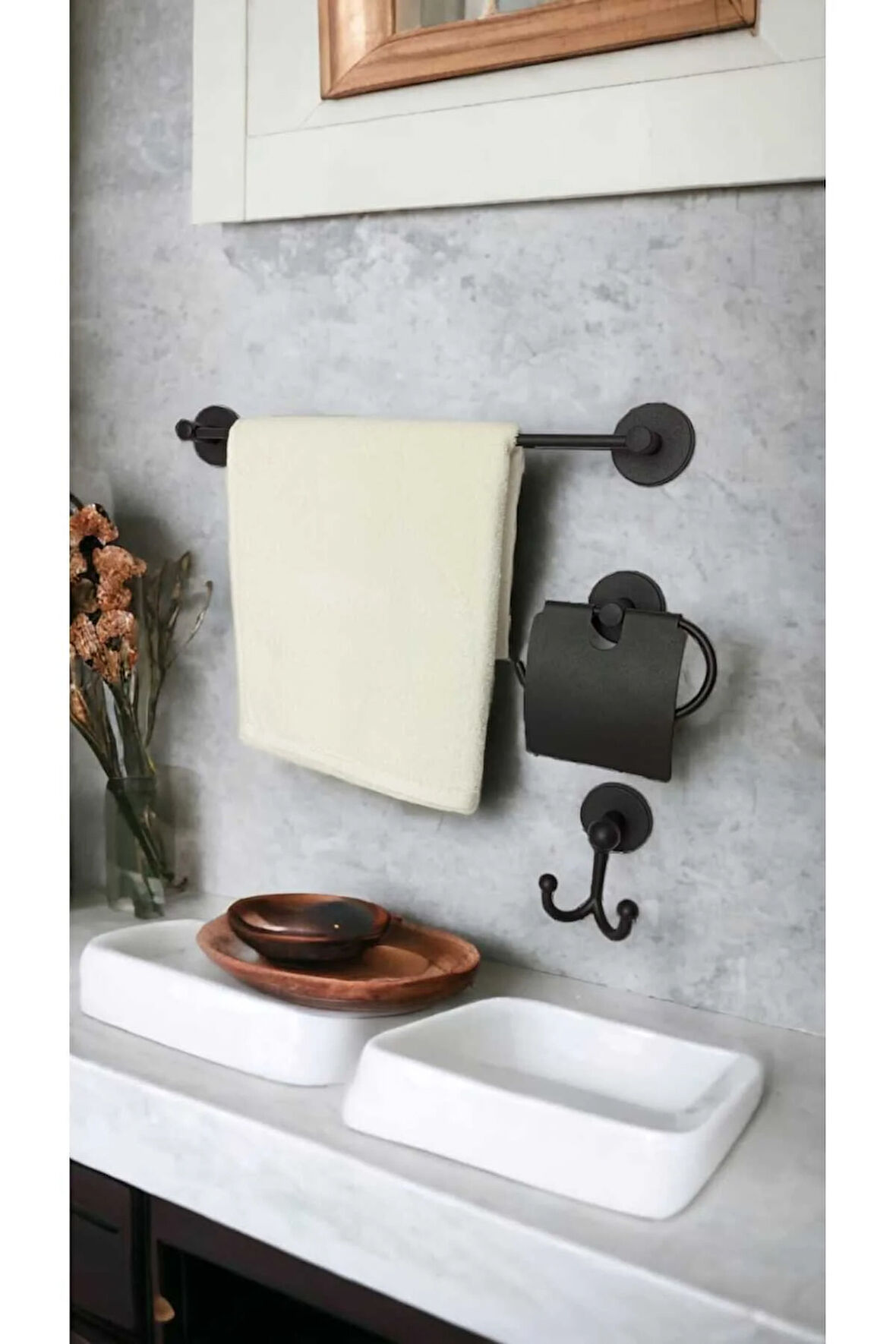 Yapışkanlı Banyo Seti, Siyah, Düz Havluluk, Kapaklı Tuvalet Kağıtlığı, Bornozluk