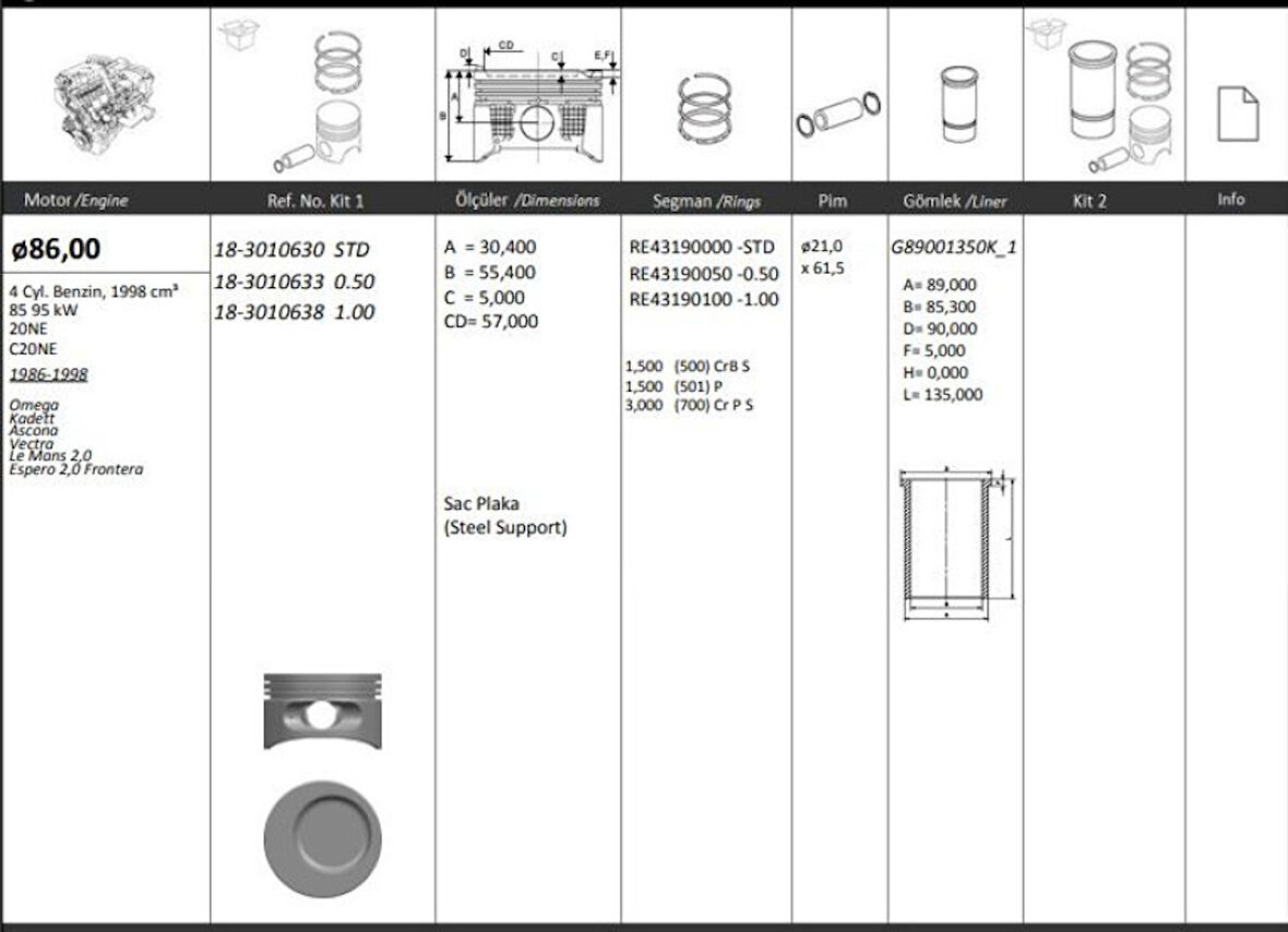 Opel Motor Piston+segmanı ( Riken )  86,00+0,50mm Cap Omega Kadett Ascona Vectra Le Mans 2,0 Espero 2,0 F - Kingpiston 18-3010633