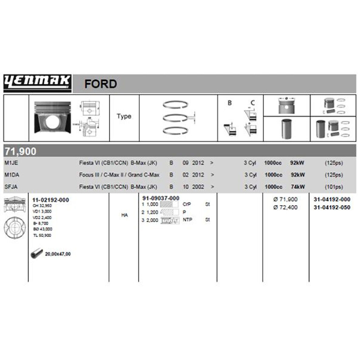 Ford Piston Segman {050 Farklı} B Max 13> C Max 11> Fiesta 13> Focusııı 11> Transıt Courıer 13> 1.0 Ecobo - Yenmak 31-04192-050