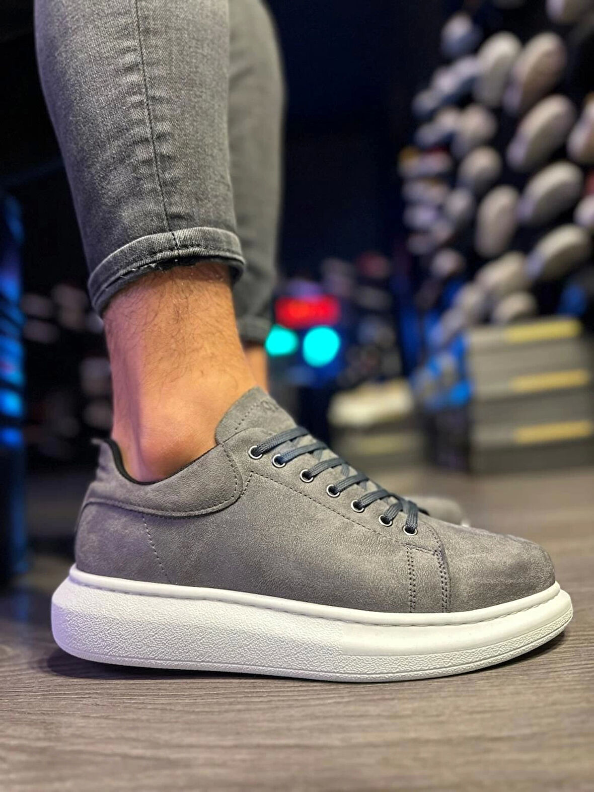 Knack Yüksek Taban Günlük Ayakkabı 044 Gri Süet (Beyaz Taban)