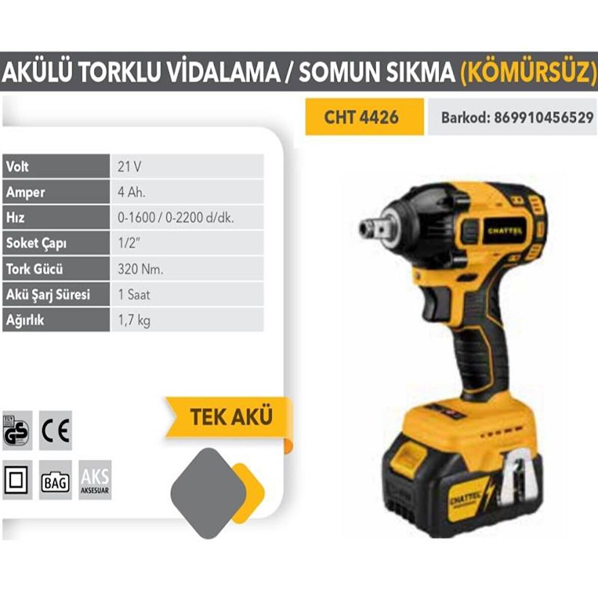 Chattel Profesyonel 21V Akülü Darbeli Somun Sökme 1/2" Kömürsüz Motor CHT4426