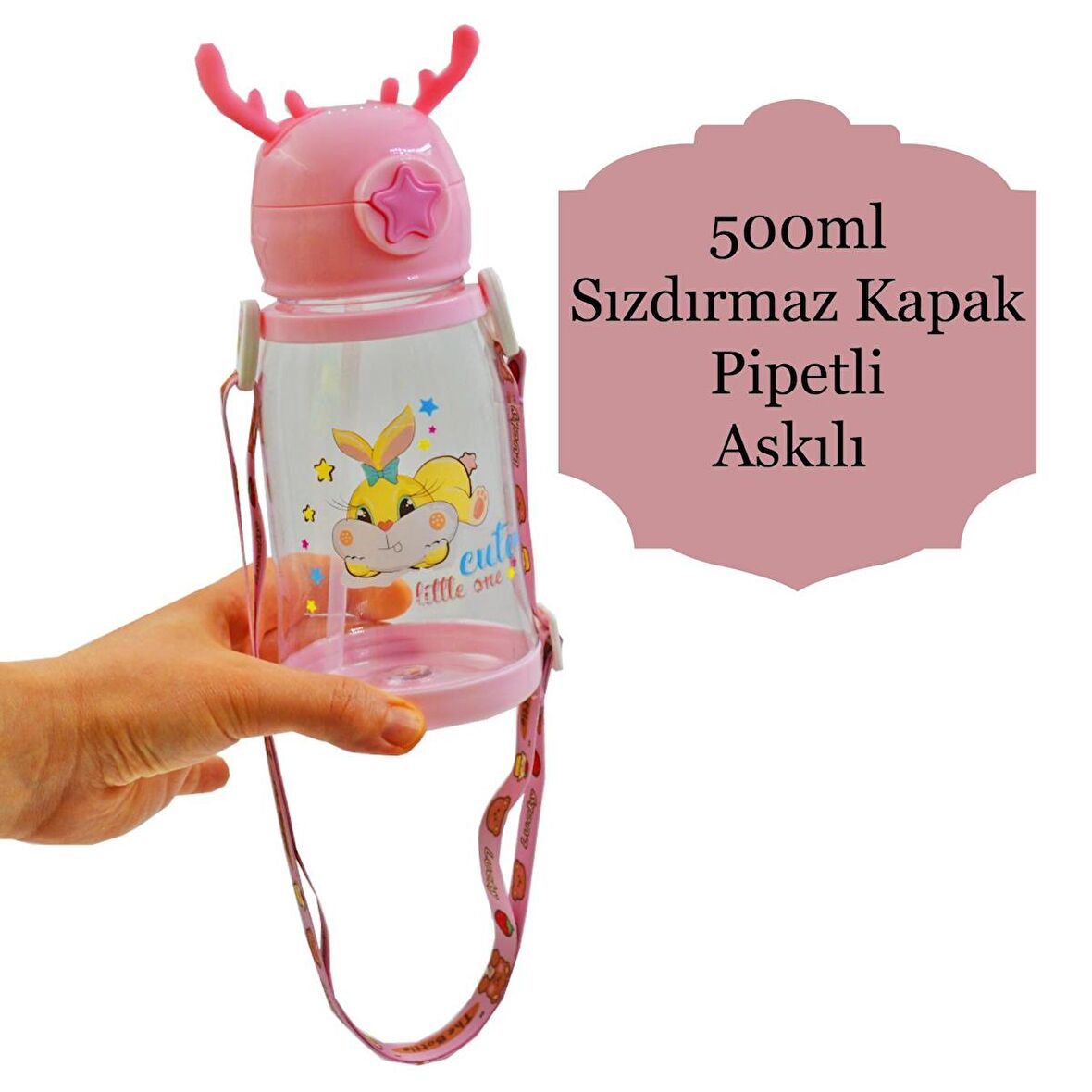 BottleBoss Geyik Figürlü Pipetli Taşıma Askılı Çocuk Matarası 500 Ml Pastel Pembe