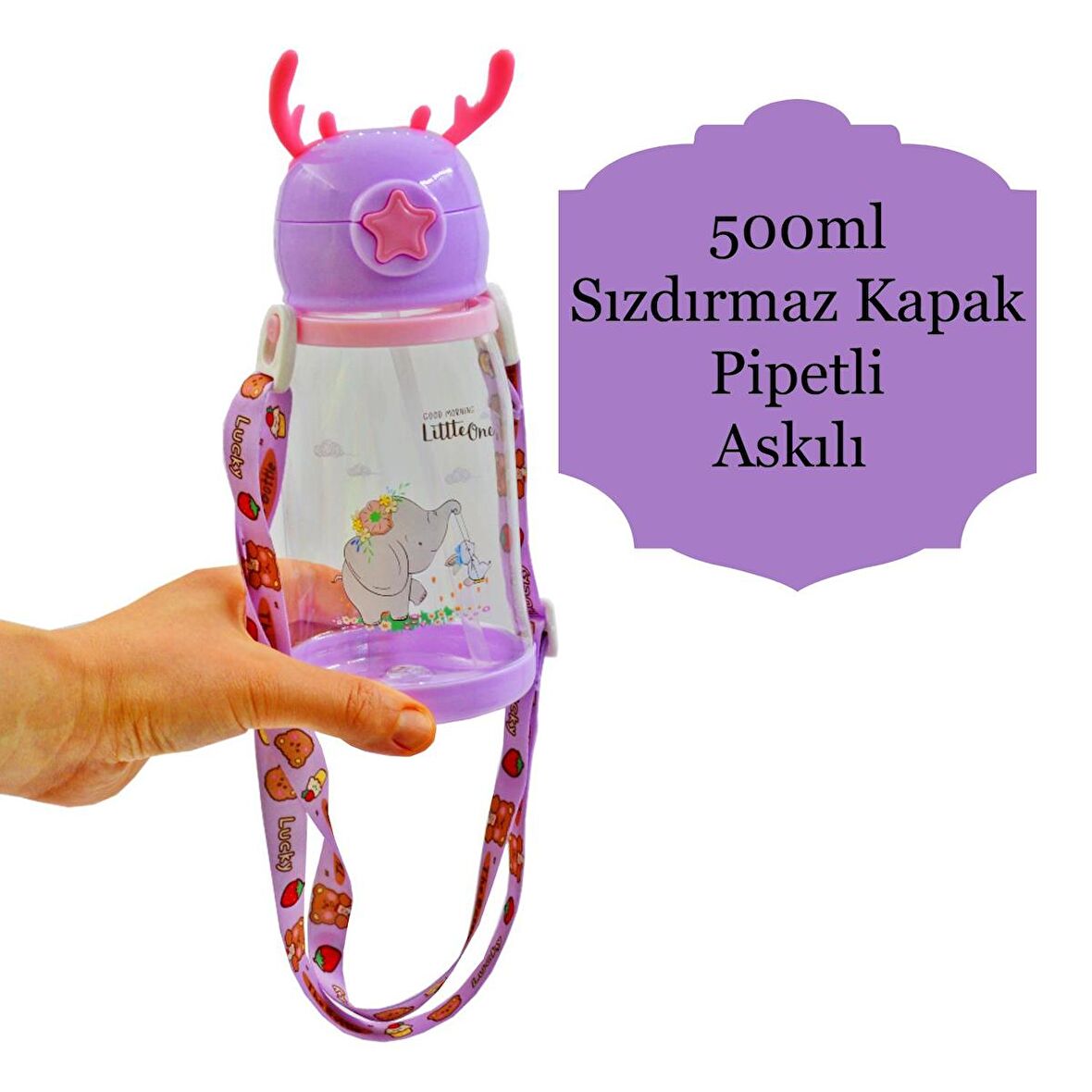 BottleBoss Geyik Figürlü Pipetli Taşıma Askılı Çocuk Matarası 500 Ml Pastel Mor