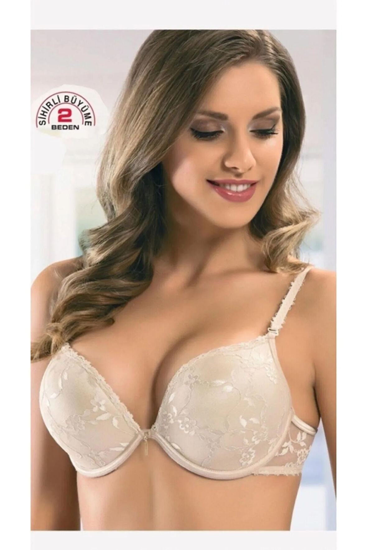 Kadın 2 Beden Büyük Gösteren Dantelli Çift Destek Sihirli Sütyen