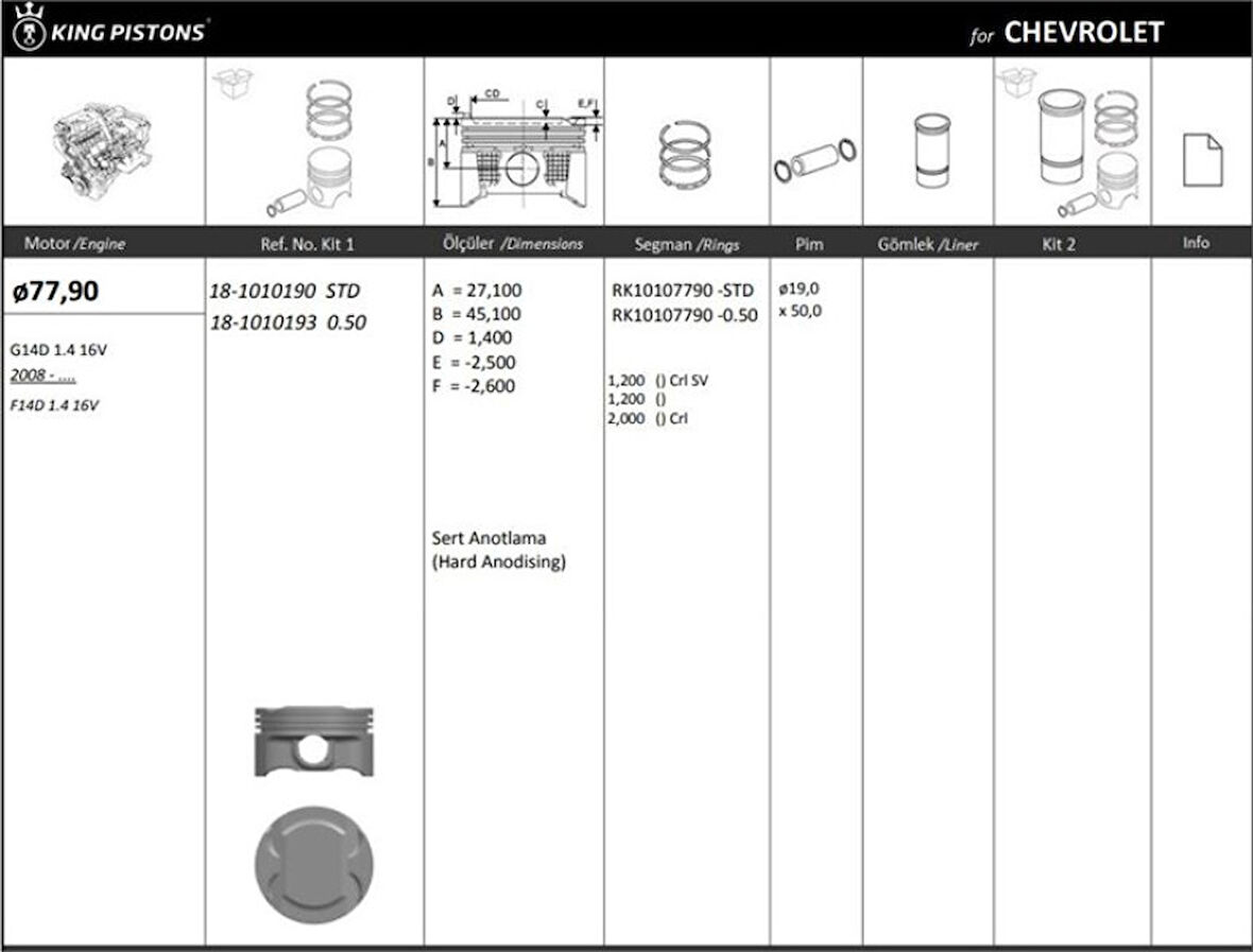 Chevrolet Piston Aveo Std (77,90 Mm) Aveo 1,4 16v - Kingpiston 18-1010190
