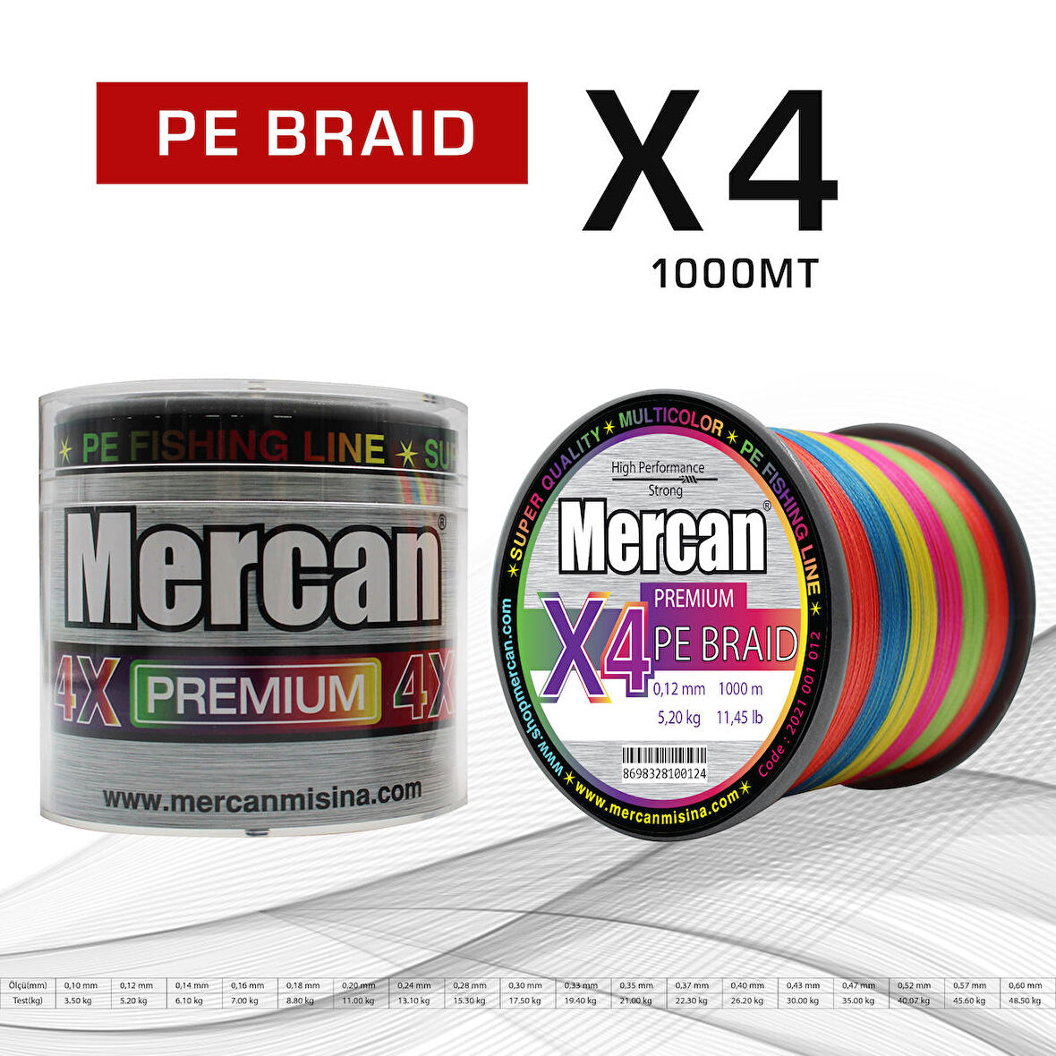 Mercan Premium X4 PE Örgü Multicolor İp 1000 m Bobin Misina