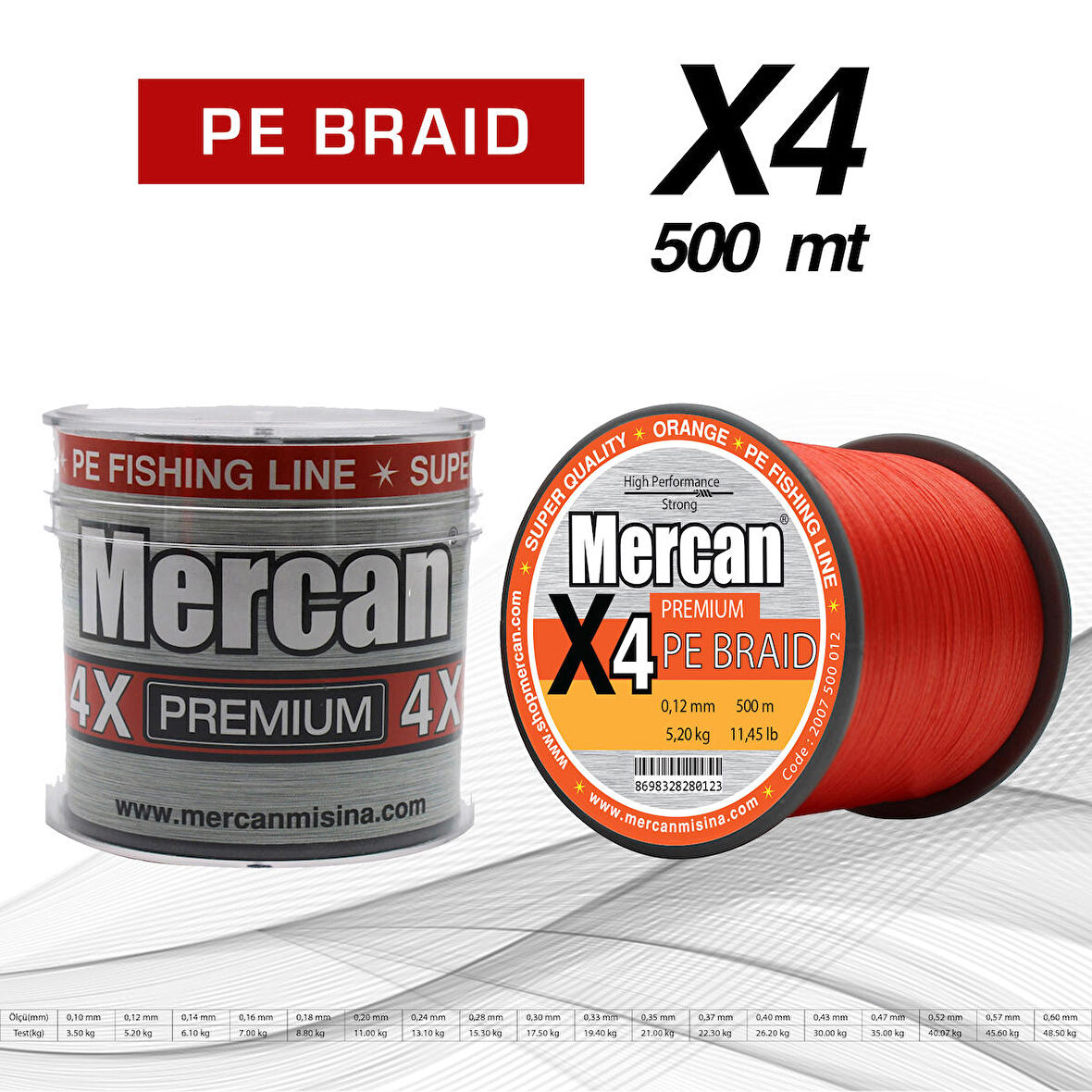 Mercan Premium X4 PE Örgü Turuncu Renk İp 500m Bobin Misina