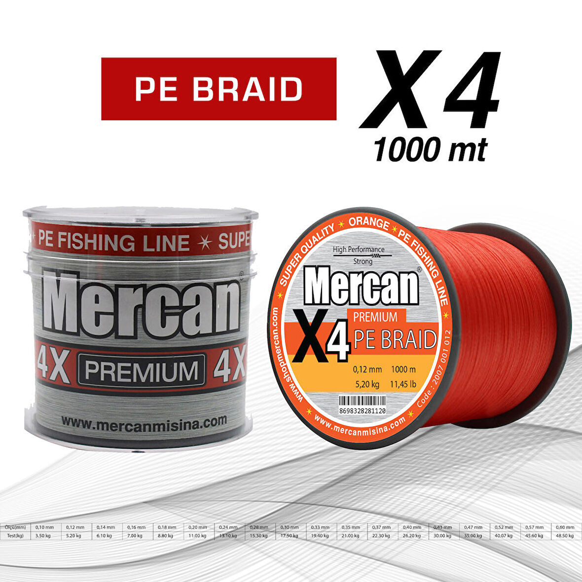 Mercan Premium X4 PE Örgü Turuncu Renk İp 1000 m Bobin Misina