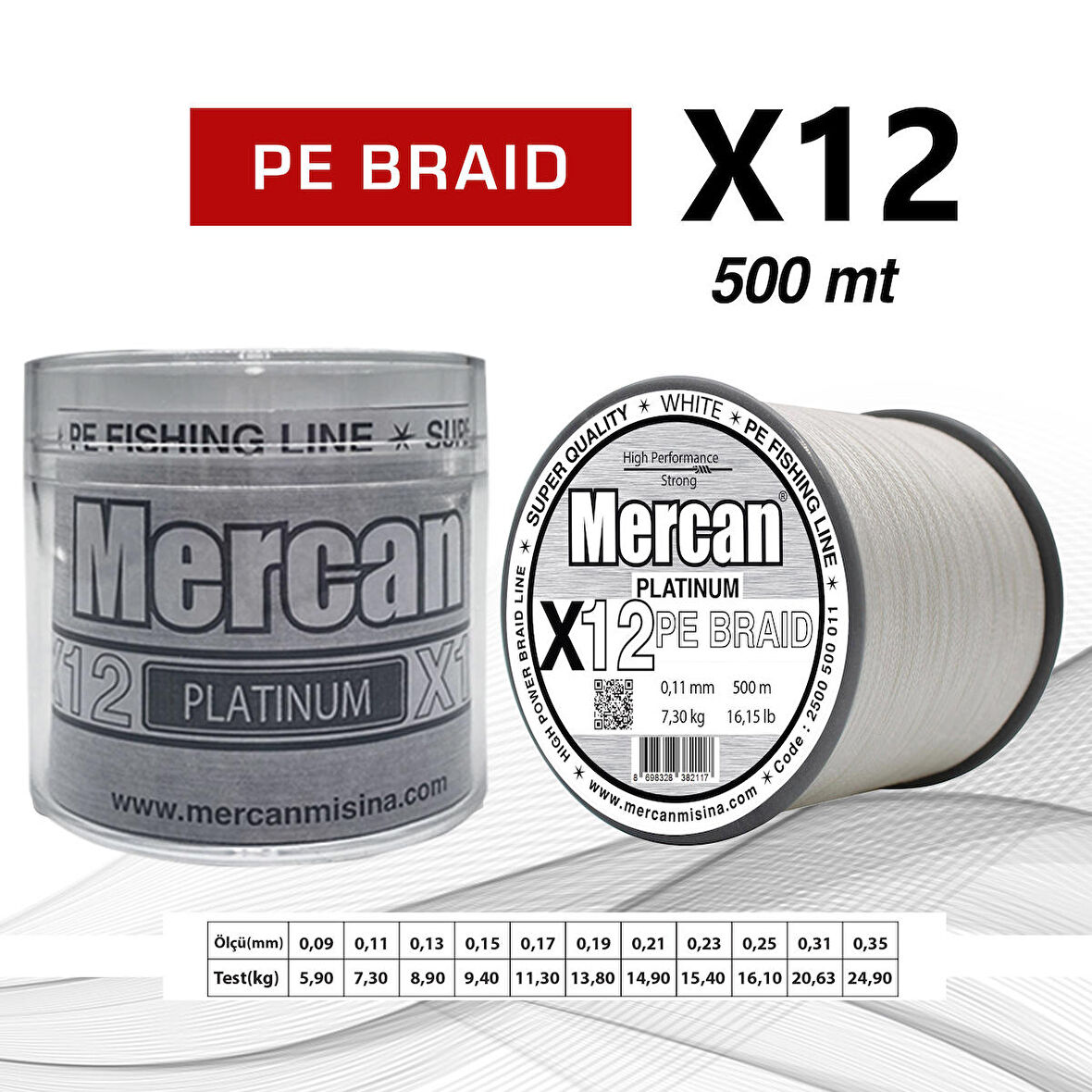 Mercan Pe Örgü Platinum X12 Beyaz İp 500m Makara Misina