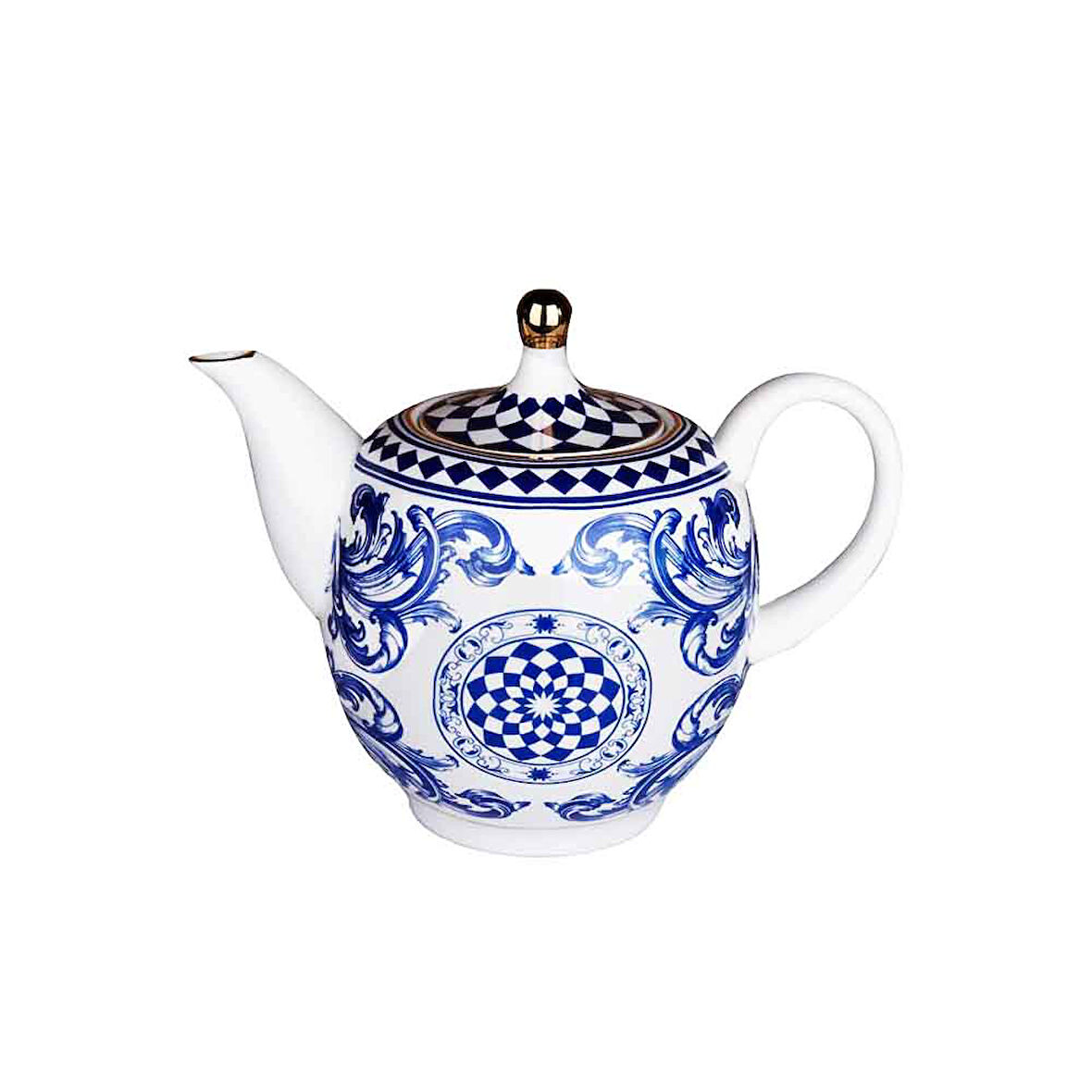 Lucky Art Aurora Bone Porselen Mavi Beyaz Barok Desenli Çaydanlık 800 ml