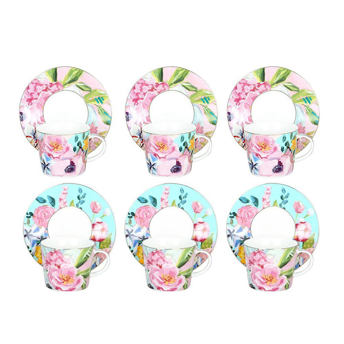 Luckyart Peony Desenli 6 lı Bone China Porselen Çay Fincanı seti 220 ml LYBA037