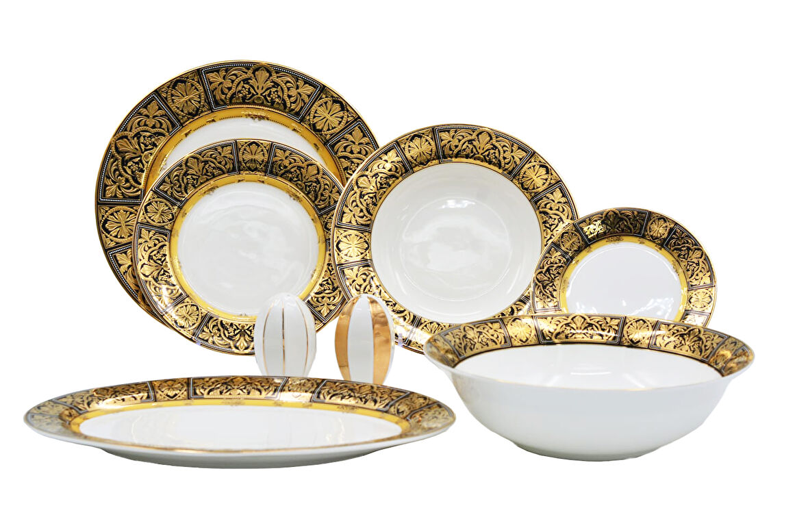 Lucky Art Verna Bone China Porselen Gold&Siyah Desen Detaylı Klasik Yemek Takımı 67 parça