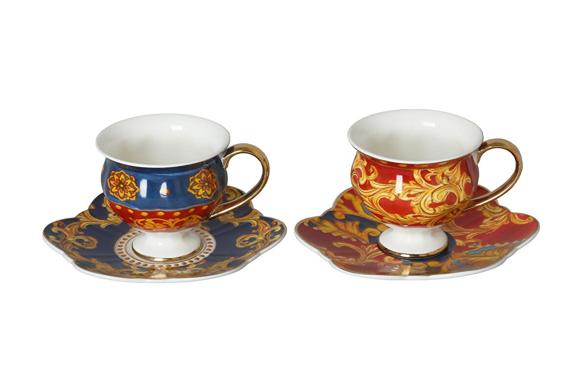 Lucky Art Florance Bone China Porselen Mavi Kırmızı Desenli Ayaklı 4 lü Çay Fincanı Seti LYHD 615