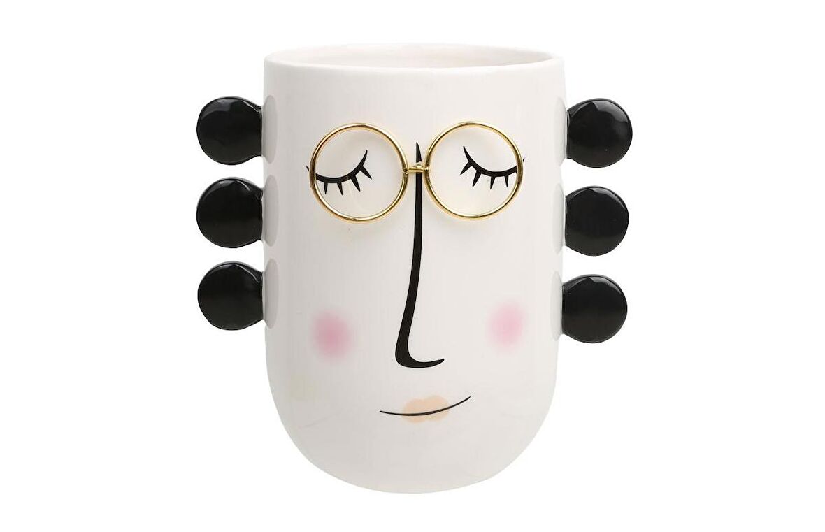 Lucky Art Gözlüklü Düğmeli Surat Saksı 18x13x18 Cm DEC 004