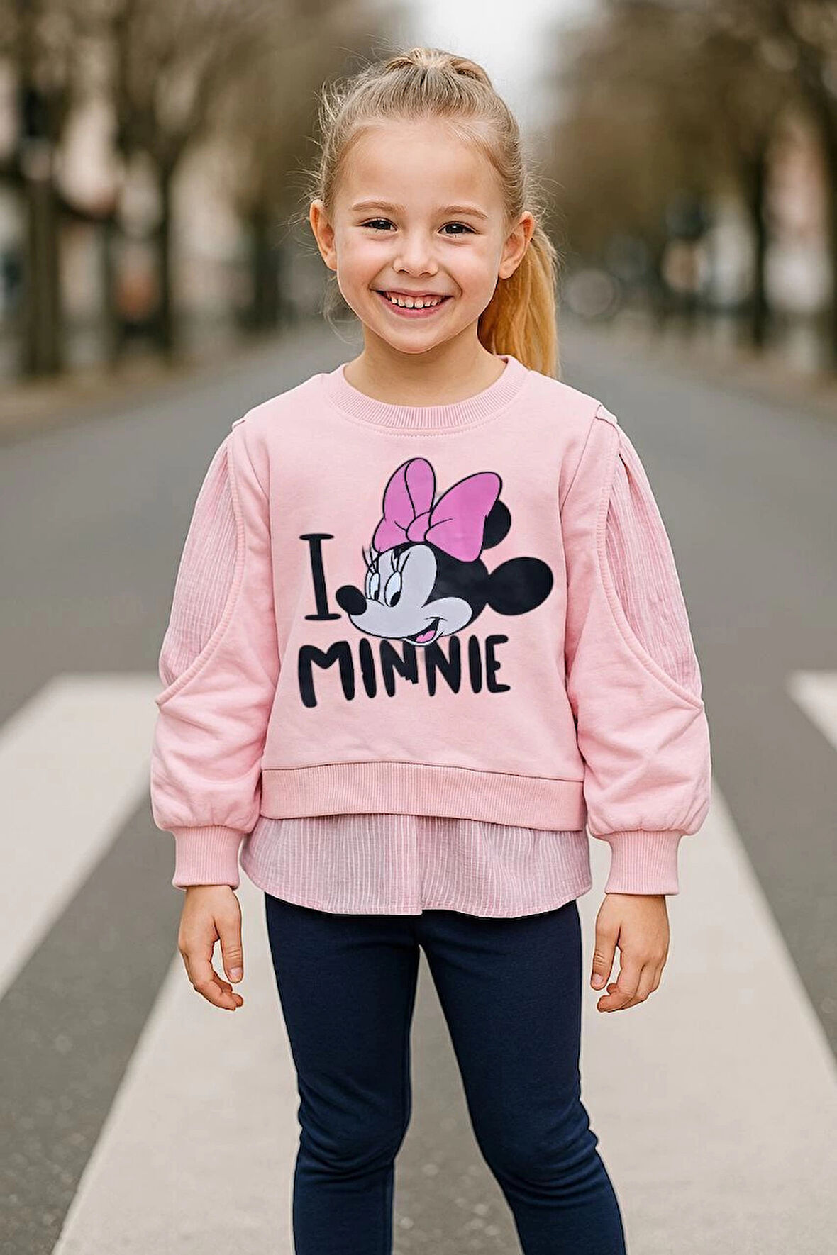 Minnie Baskılı Gömlek Detaylı İkili Taytlı Takım