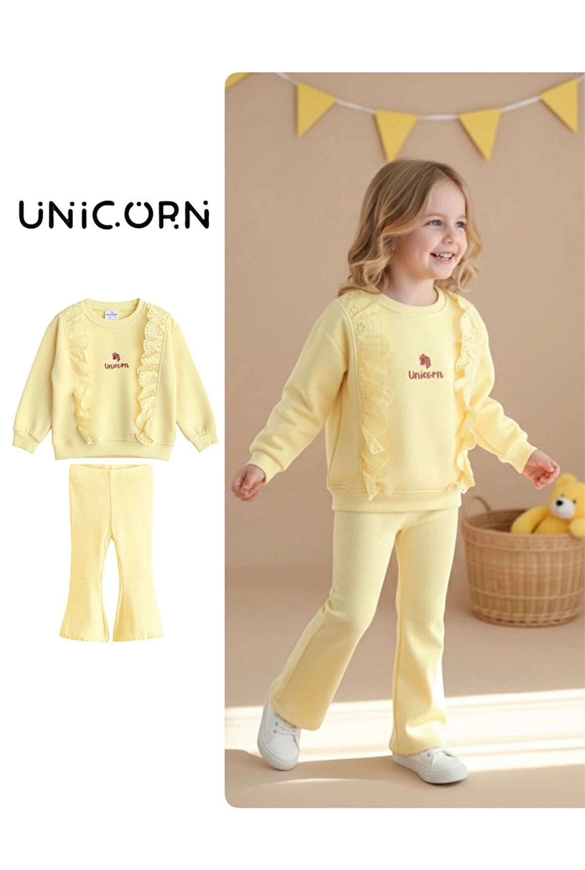 Fır Fır Detaylı Dantel İşlemeli Sarı Taytlı Takım